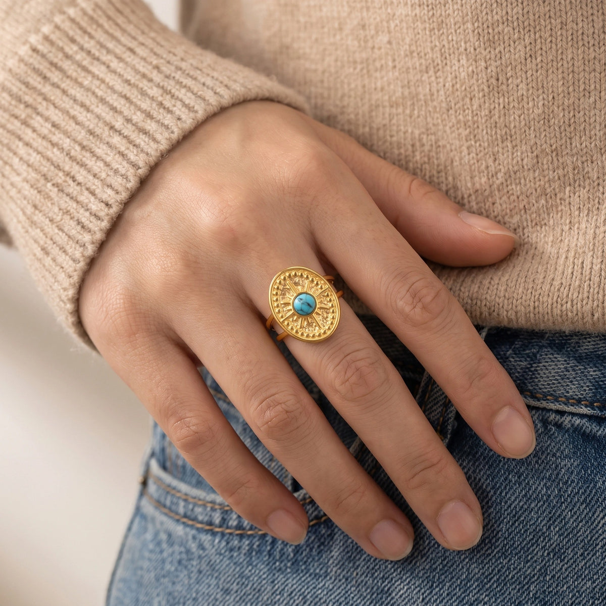 MYKI Gold-Plated Adjustable Ring with Turquoise Stone | Anti-Tarnish Finish (MKR714G-SSYI)