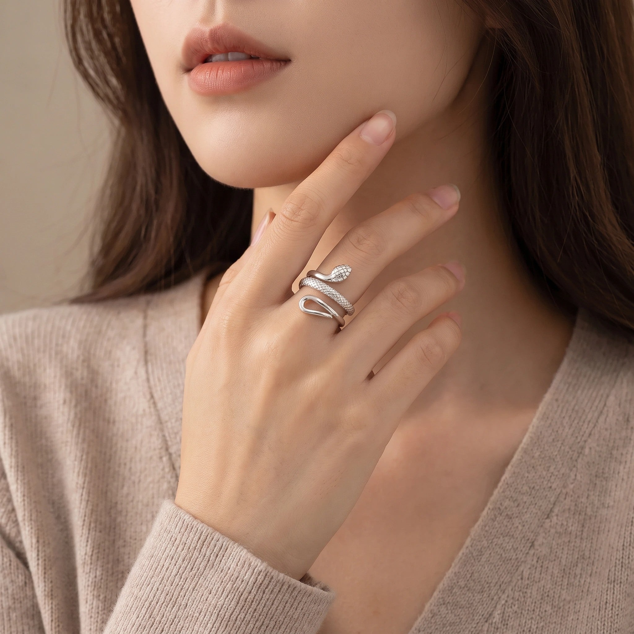 MYKI Silver Snake Adjustable Ring | Textured Anti-Tarnish Design (MKR716S-SSYI)
