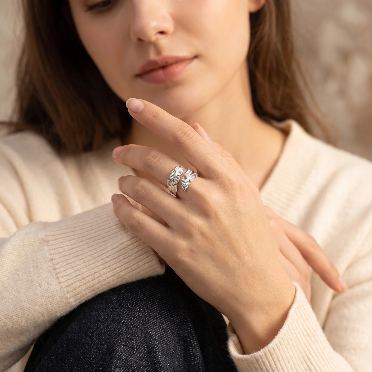 MYKI Silver Feather Wrap Adjustable Ring | Handcrafted Finish (MKR732S-SSYI)