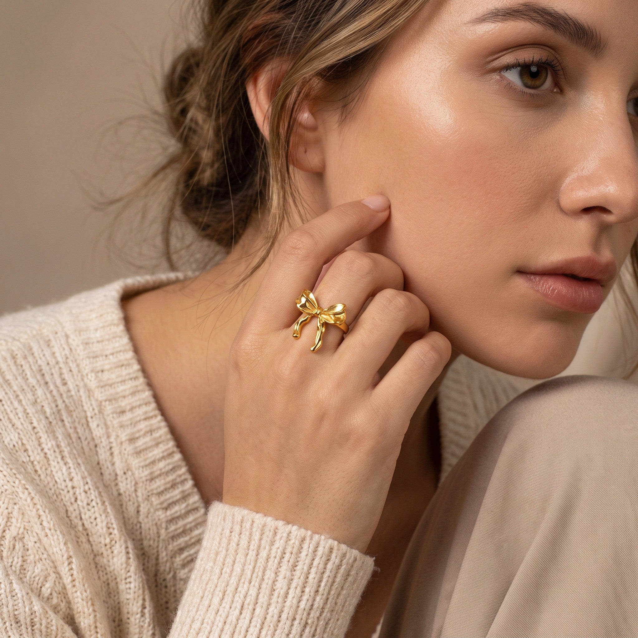 MYKI Gold Plated Bow Adjustable Ring | Handcrafted Finish (MKR735G-SSYI)