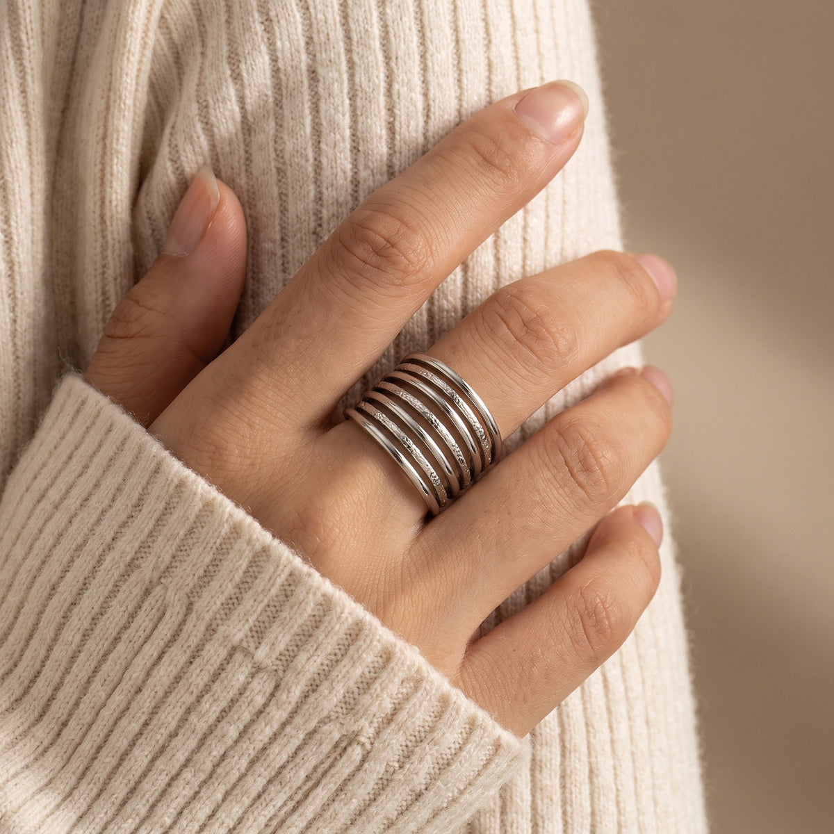 MYKI Silver Multi-Layer Adjustable Ring | Anti-Tarnish Finish (MKR737S-SSYI)