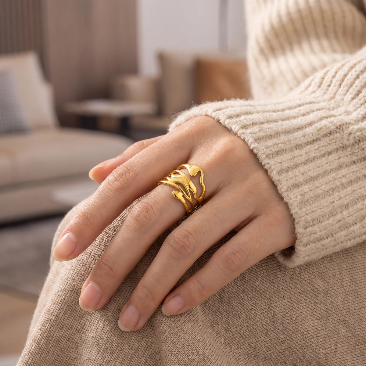 MYKI Gold Plated Wave Design Adjustable Ring | Anti-Tarnish (MKR744G-SSYI)