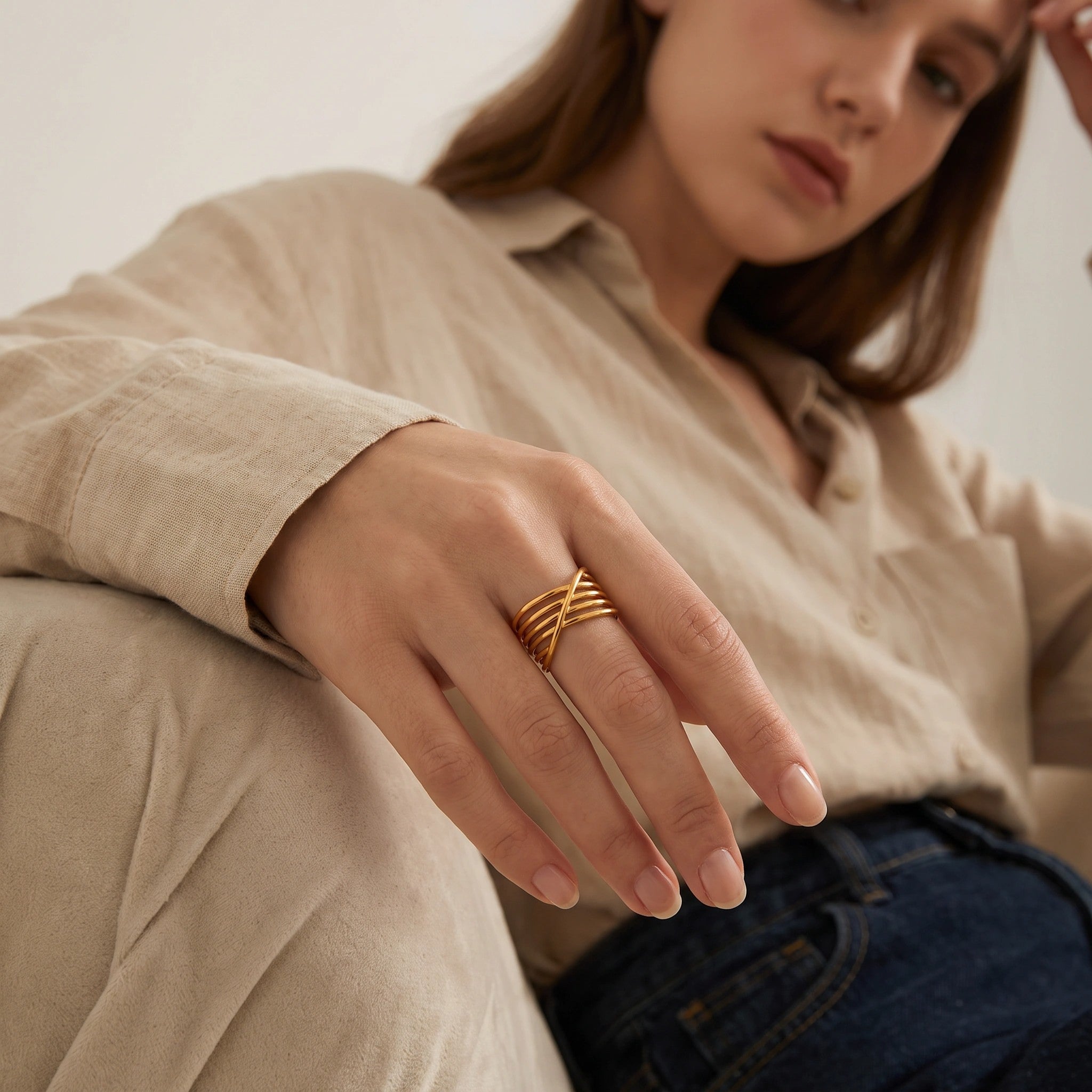 MYKI Gold Plated Crossover Adjustable Ring | Anti-Tarnish Finish (MKR746G-SSYI)