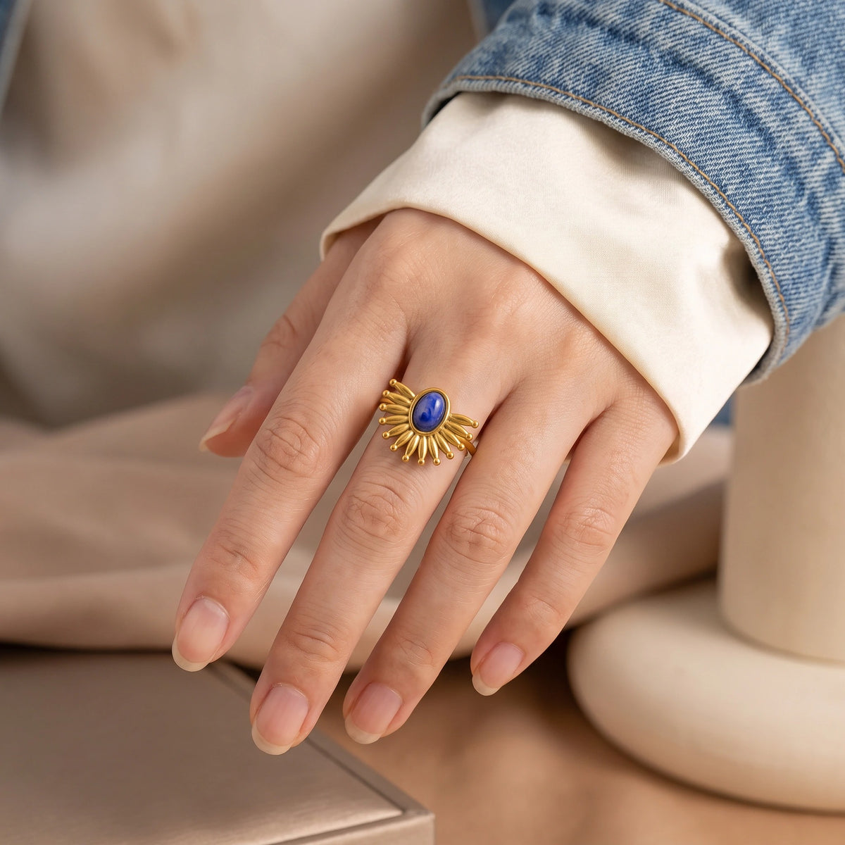 MYKI Gold Plated Blue Stone Sun Adjustable Ring | Handcrafted Finish (MKR748G-SSYI)