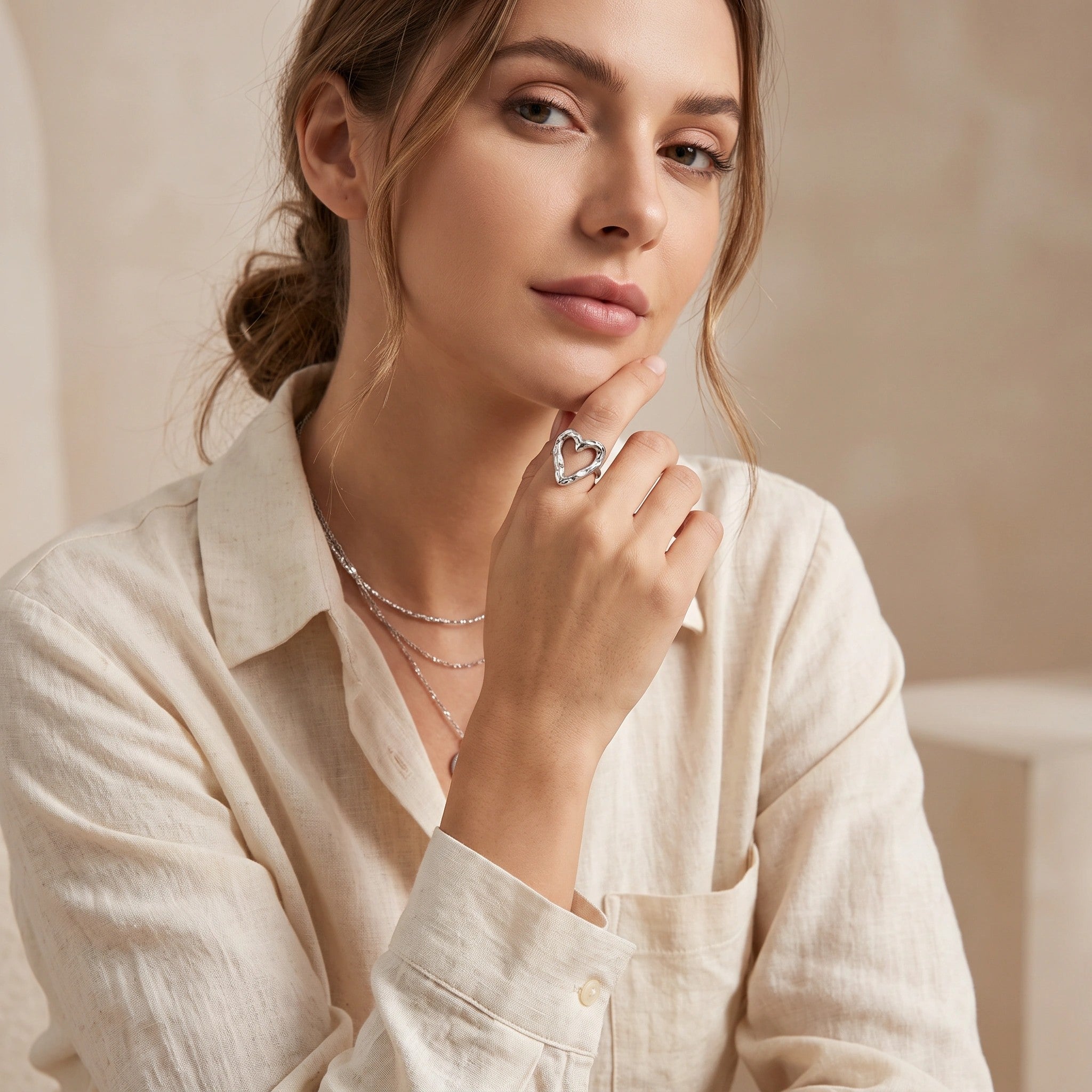 MYKI Silver Sculpted Heart Adjustable Ring | Anti-Tarnish (MKR751S-SSYI)