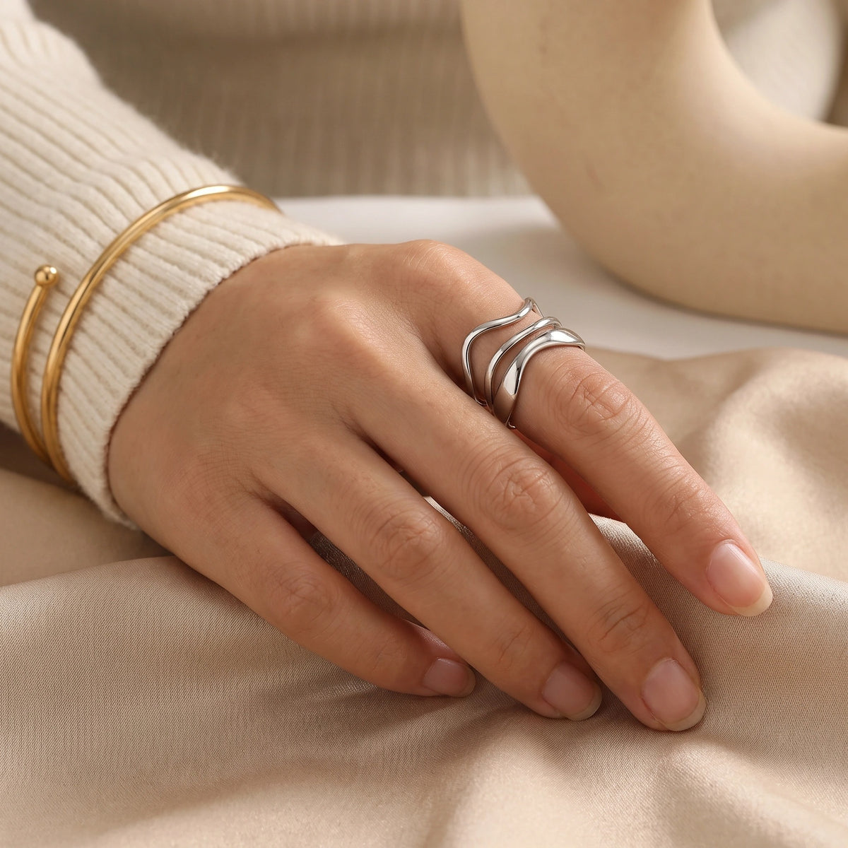 MYKI Silver Wave Open Adjustable Ring | Anti Tarnish Finish (MKR774-SSYI)