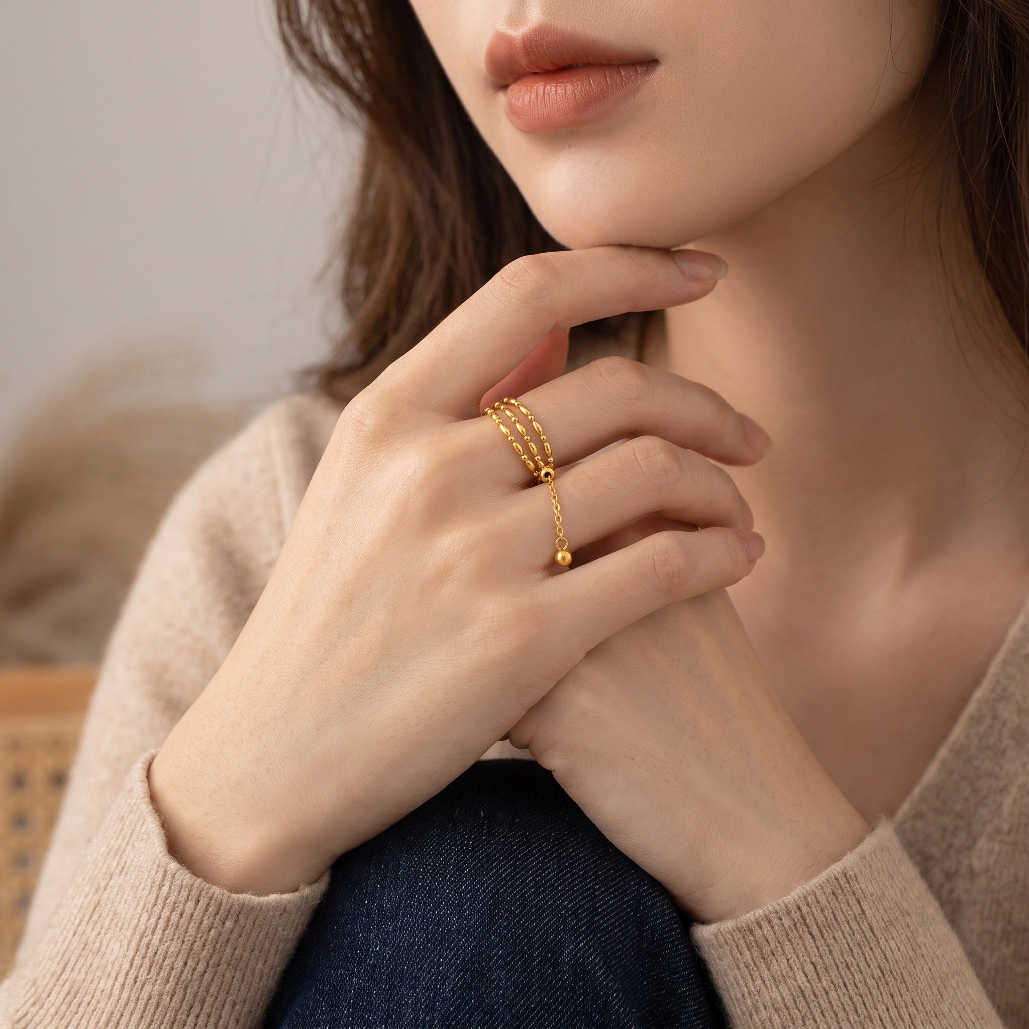 MYKI Beaded Chain Adjustable Ring | Anti Tarnish Finish (MKR778-SSYI)