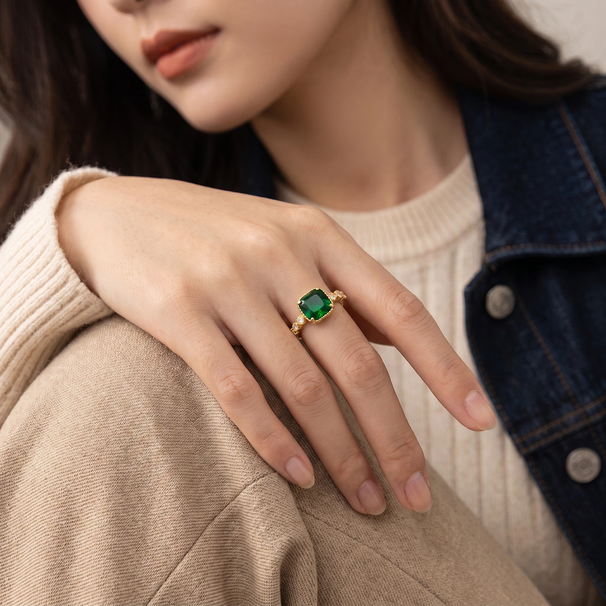MYKI Emerald Green Stone Adjustable Ring | Anti Tarnish Finish (MKR792G-GREEN-SSYI)