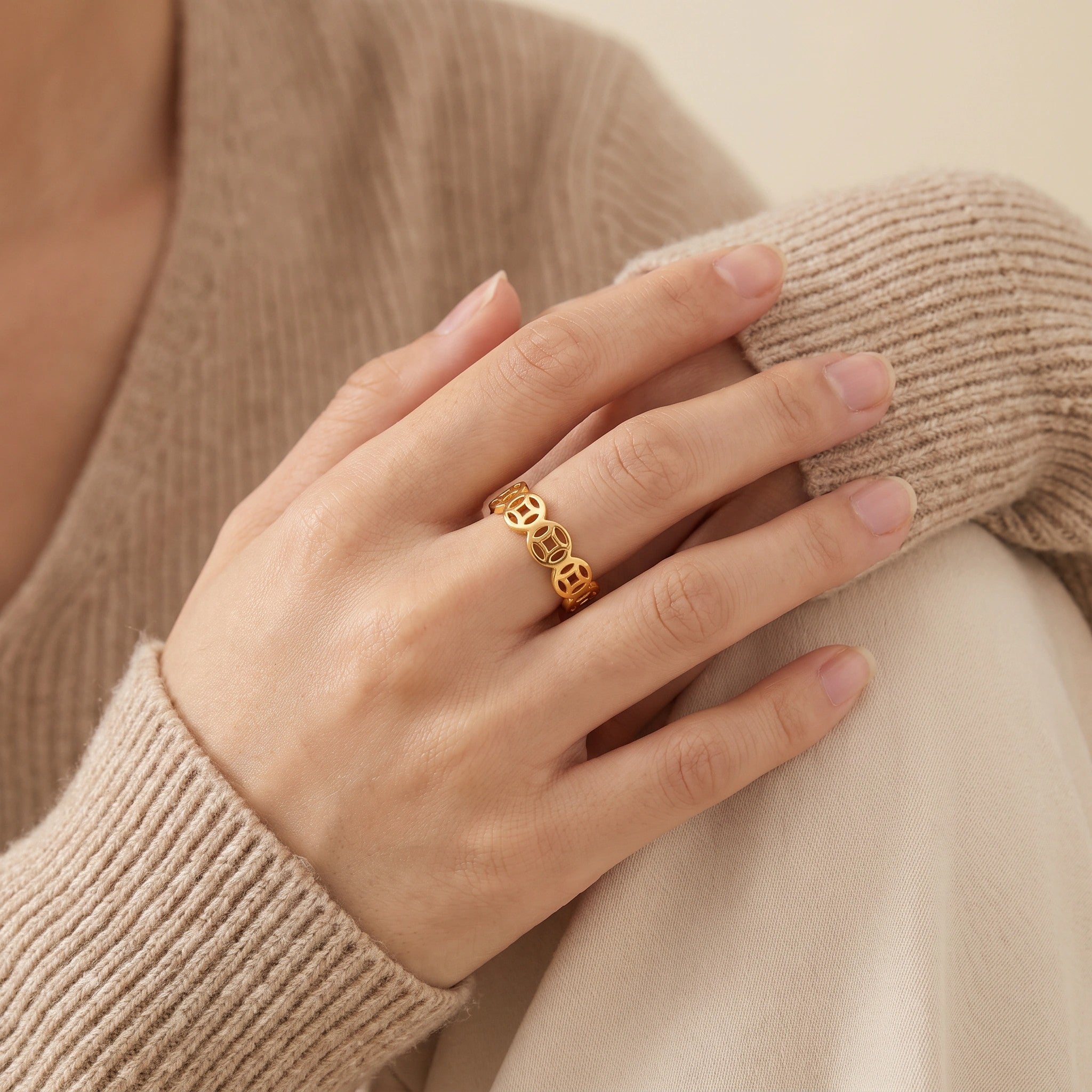 MYKI Geometric Cutout Adjustable Ring | Anti Tarnish Finish (MKR793-SSYI)