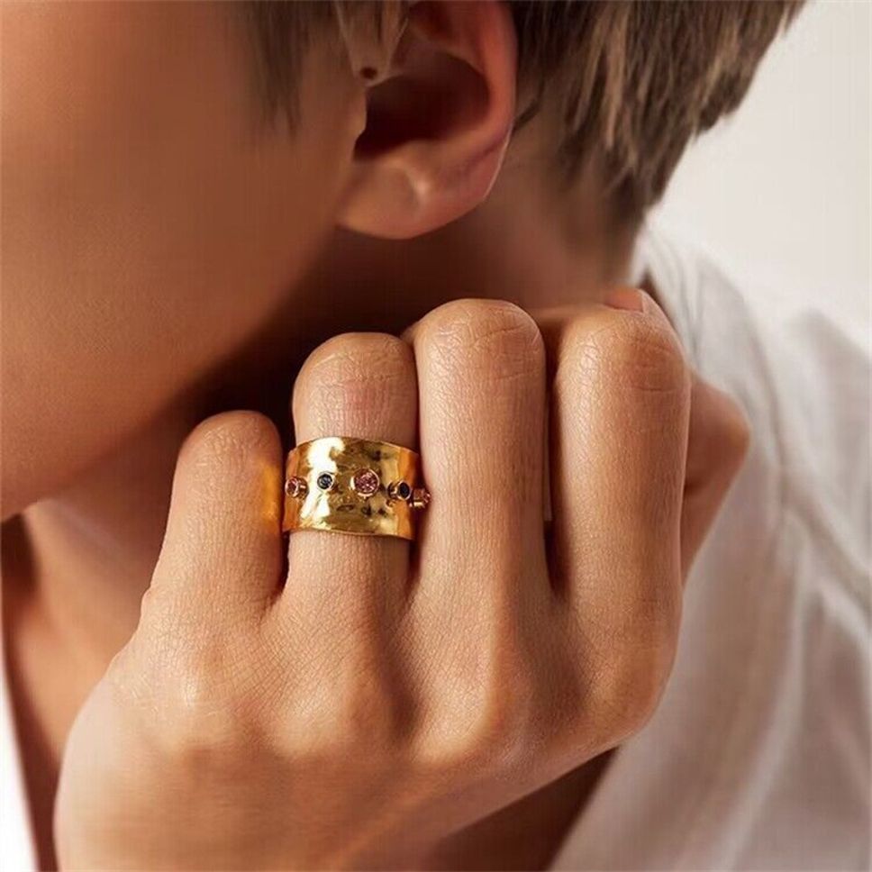 MYKI Gold-Plated Wide Band Adjustable Ring with Multicolor Stones (MKR715G-SSYI)