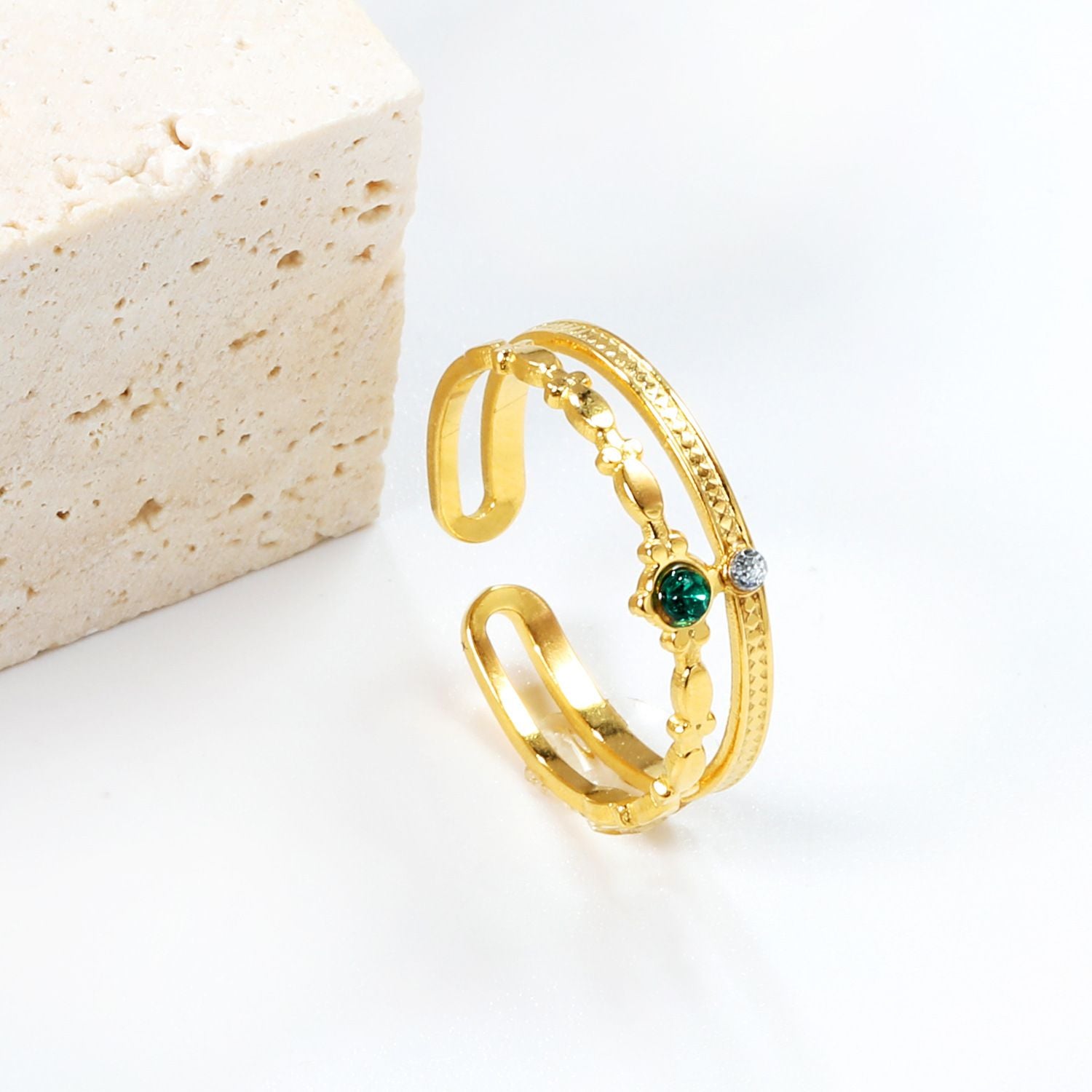 MYKI Floral Adjustable Ring with Dual Gemstones | Anti-Tarnish Finish (MKR726-SSYI)