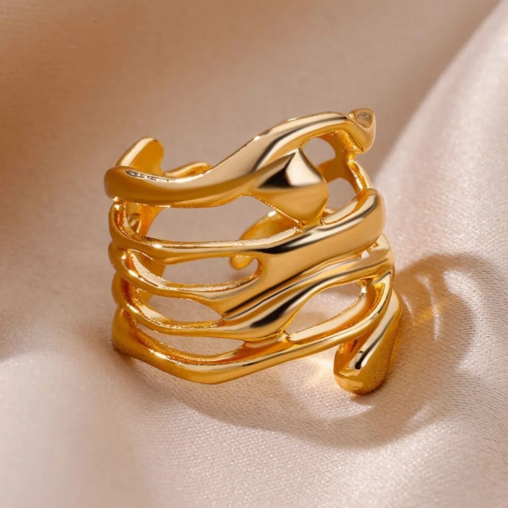 MYKI Gold Plated Wave Design Adjustable Ring | Anti-Tarnish (MKR744G-SSYI)