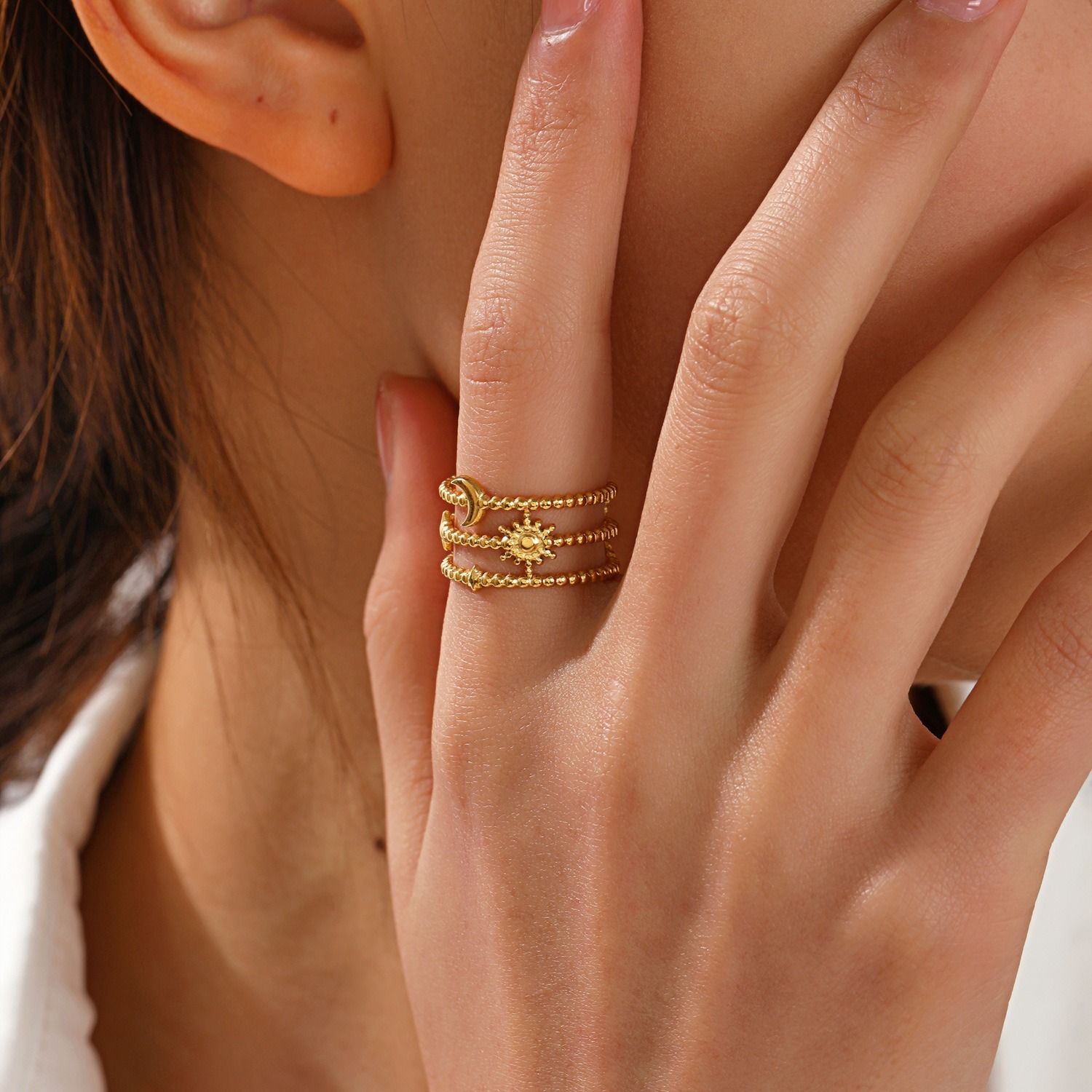 MYKI Moon & Sun Triple Stack Ring | Anti-Tarnish (MKR749-SSYI)