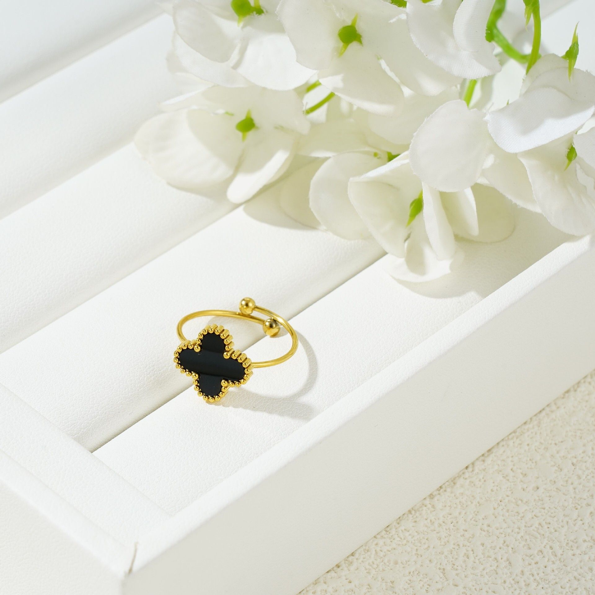 MYKI Clover Adjustable Ring with  Enamel | Anti-Tarnish Finish (MKR723G-SSYI)