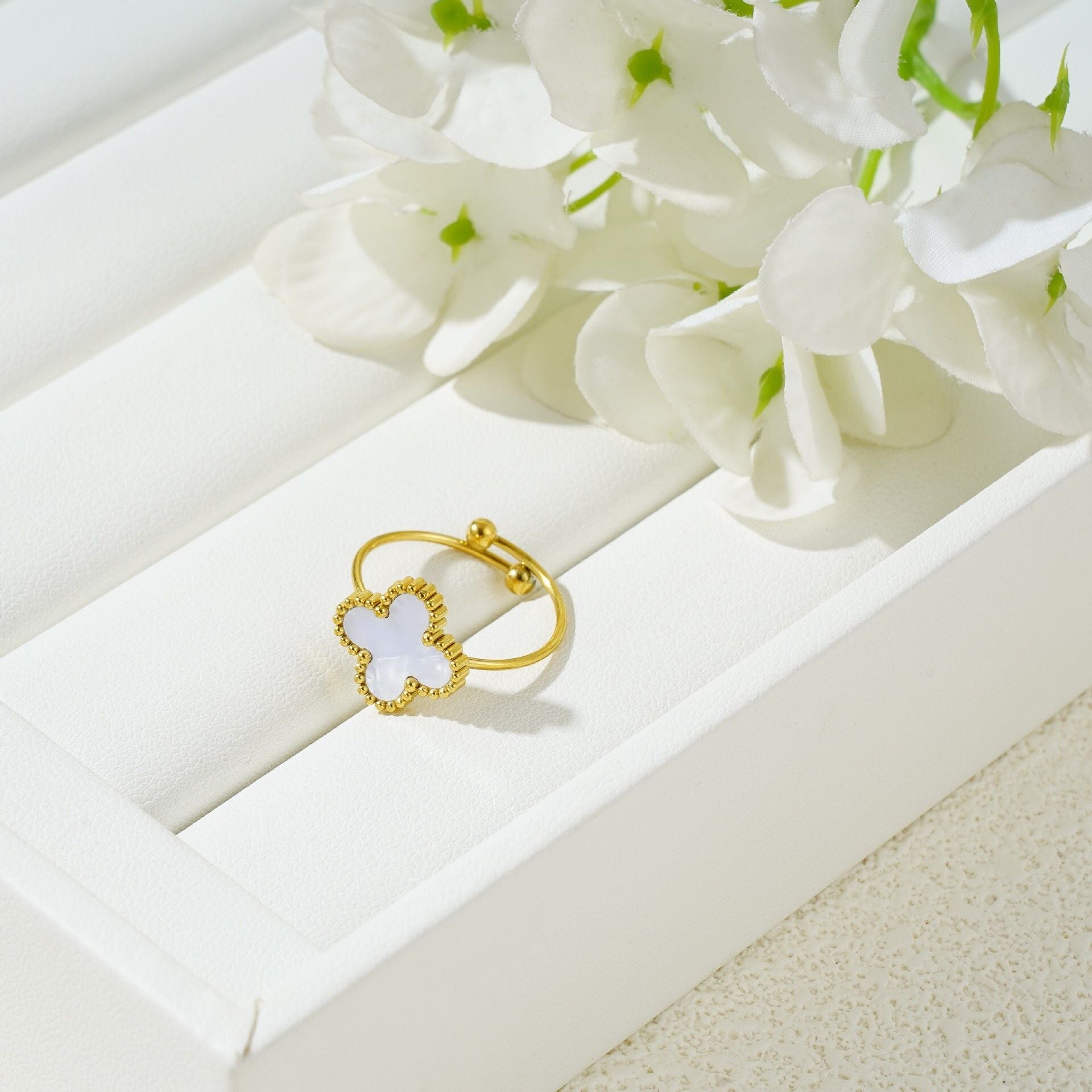 MYKI Clover Adjustable Ring with  Enamel | Anti-Tarnish Finish (MKR723G-SSYI)