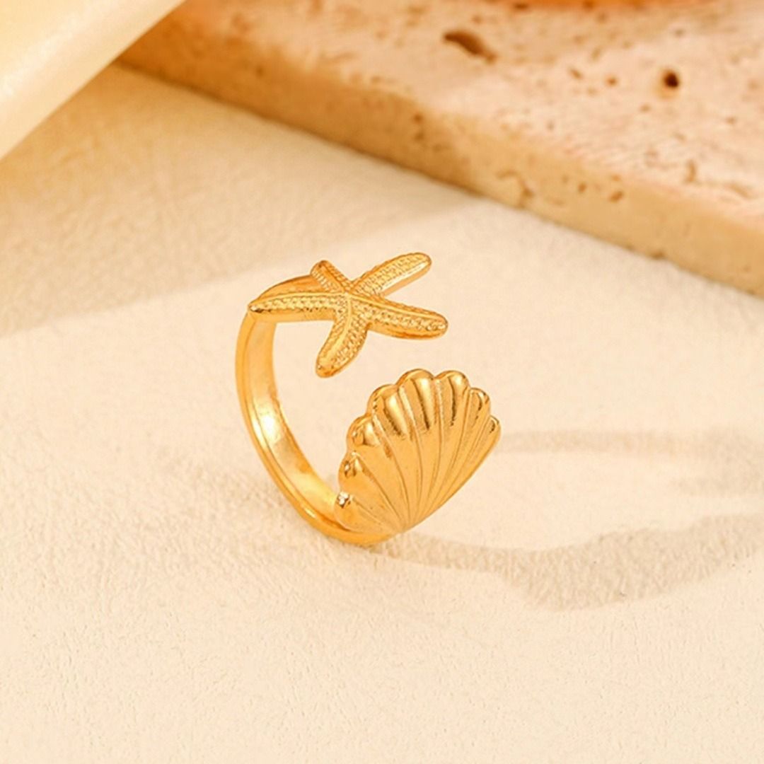 MYKI Starfish & Shell Adjustable Ring | Anti-Tarnish (MKR745-SSYI)