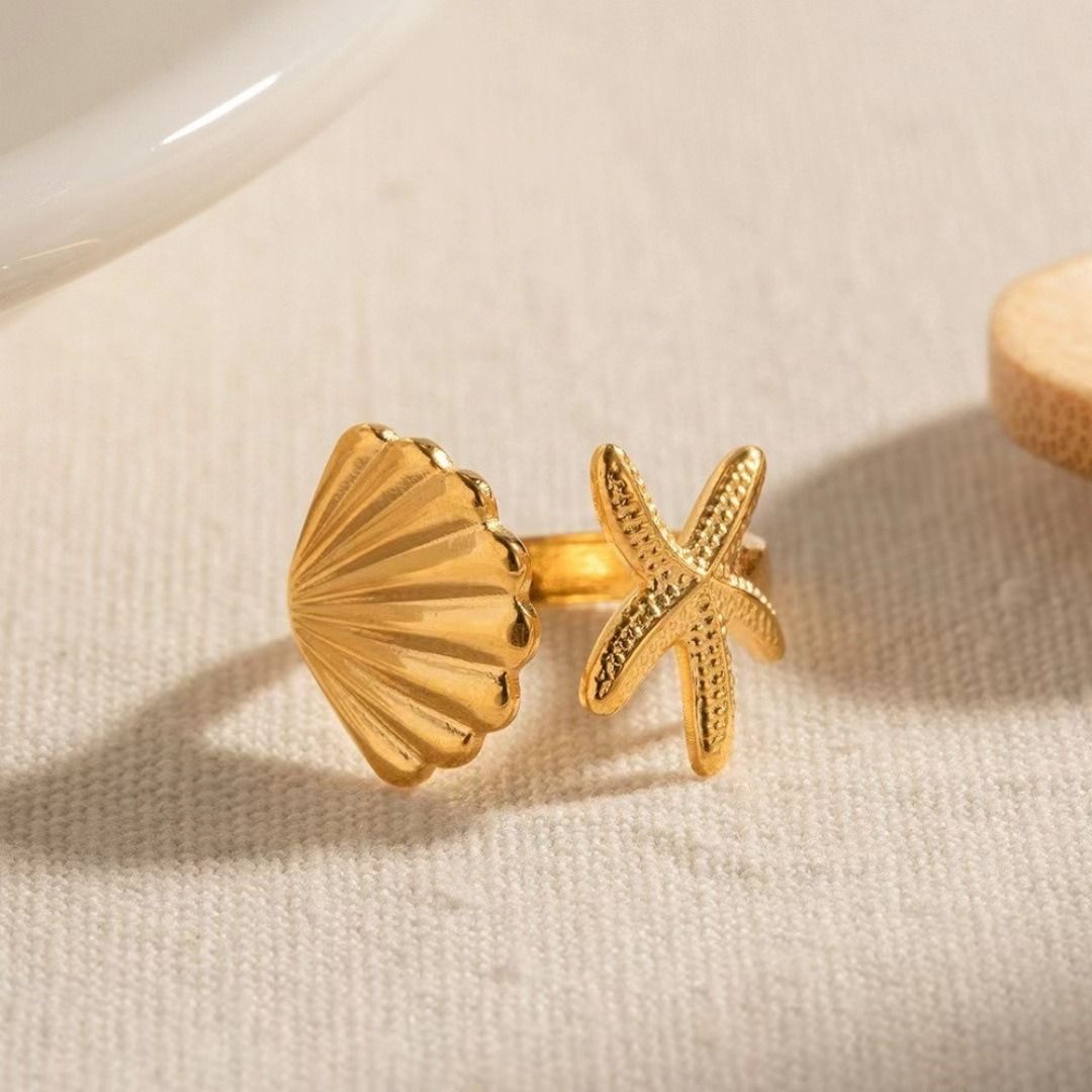 MYKI Starfish & Shell Adjustable Ring | Anti-Tarnish (MKR745-SSYI)