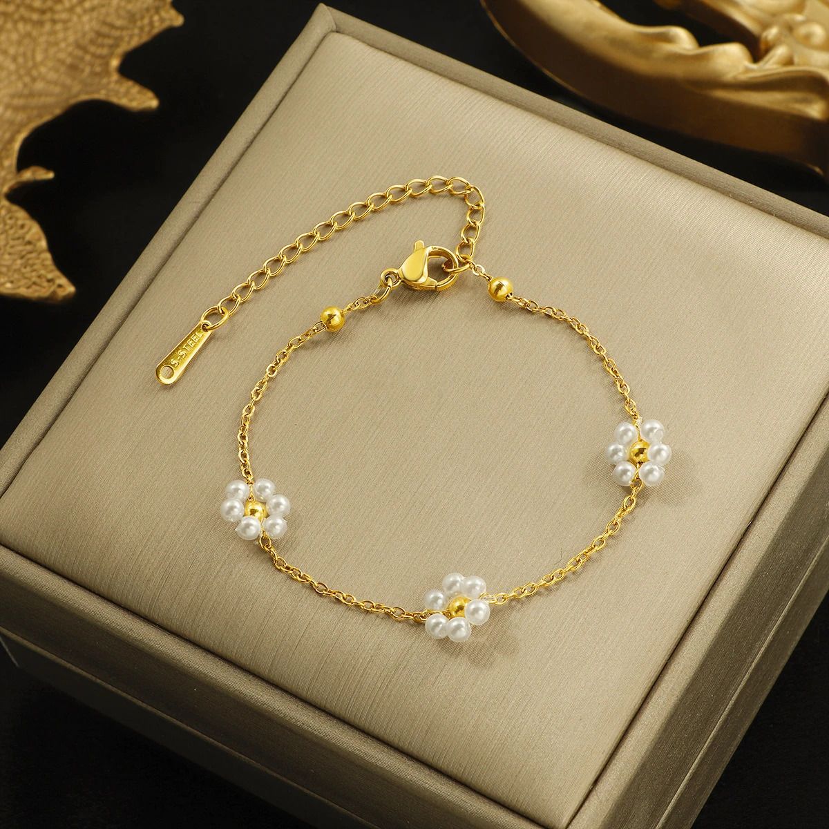 MYKI Gold Plated Pearl Flower Chain Bracelet | Anti Tarnish Finish(MKBRAD710G-SSYI)