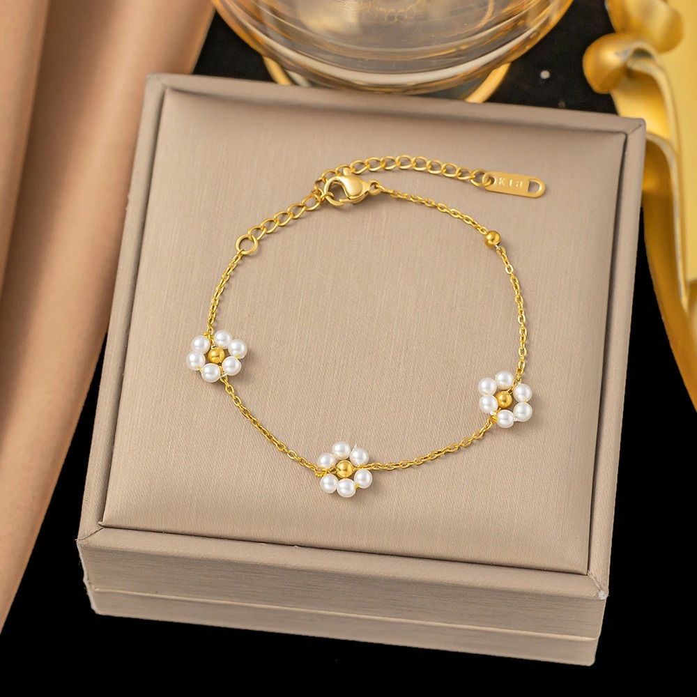MYKI Gold Plated Pearl Flower Chain Bracelet | Anti Tarnish Finish(MKBRAD710G-SSYI)