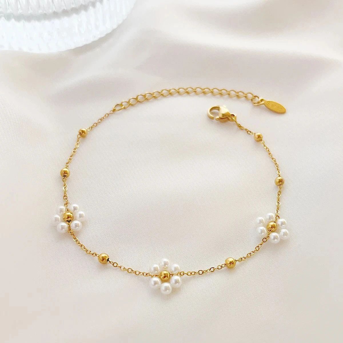 MYKI Gold Plated Pearl Flower Chain Bracelet | Anti Tarnish Finish(MKBRAD710G-SSYI)
