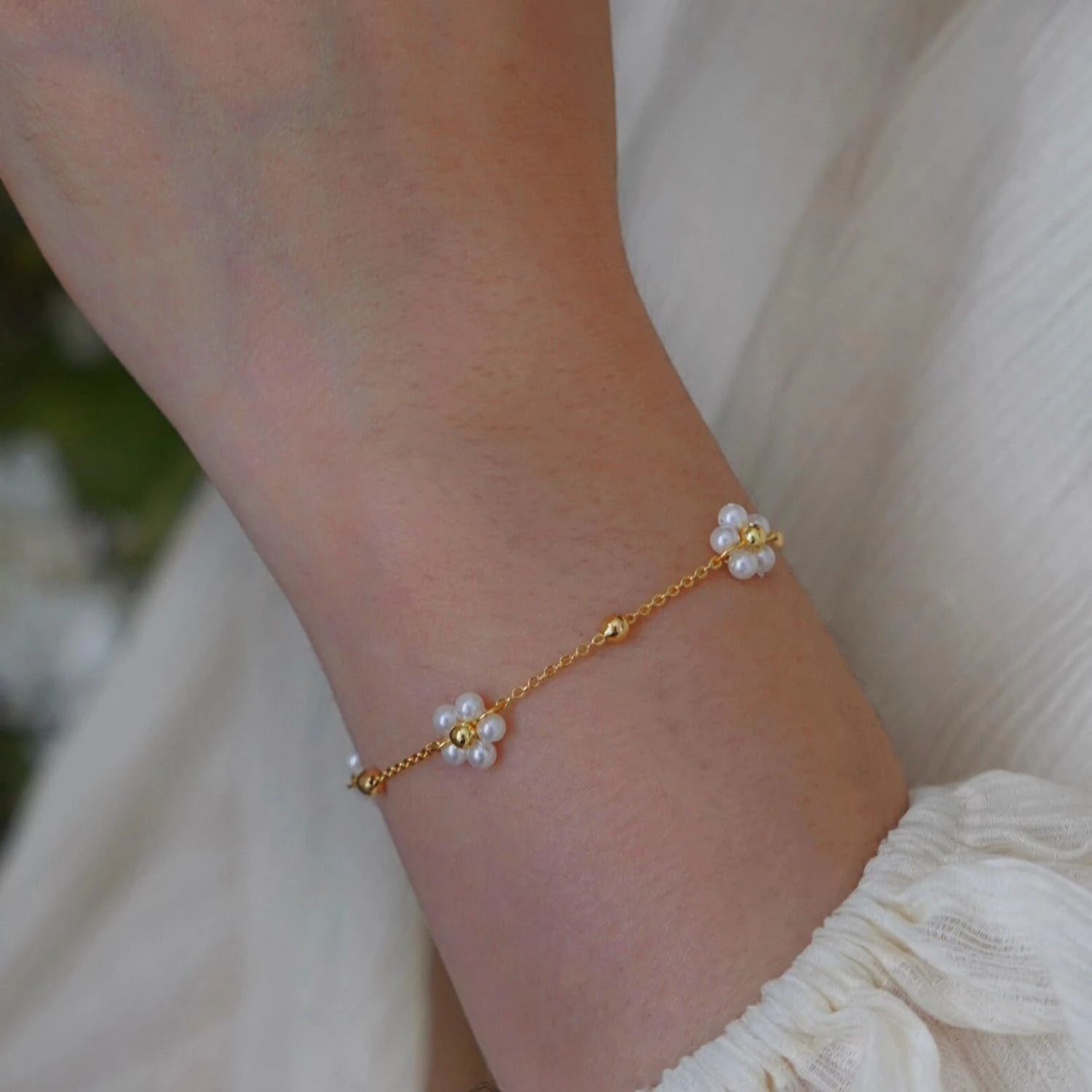 MYKI Gold Plated Pearl Flower Chain Bracelet | Anti Tarnish Finish(MKBRAD710G-SSYI)