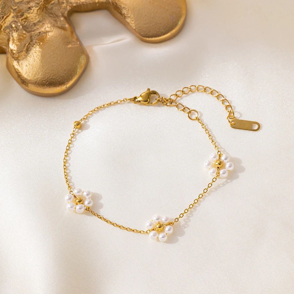 MYKI Gold Plated Pearl Flower Chain Bracelet | Anti Tarnish Finish(MKBRAD710G-SSYI)