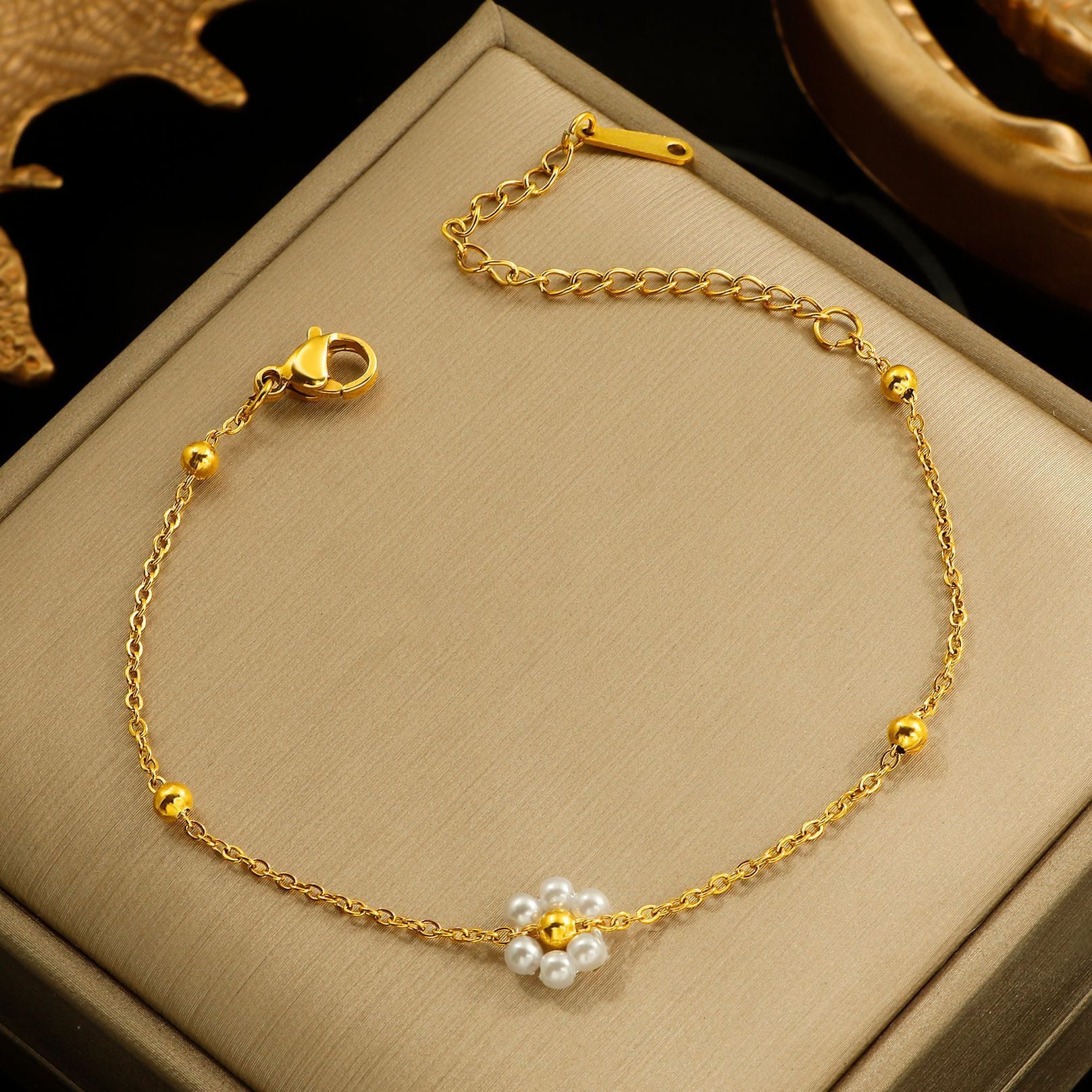 MYKI Gold Plated Single Pearl Flower Bracelet | Anti Tarnish Finish(MKBRAD711G-SSYI)