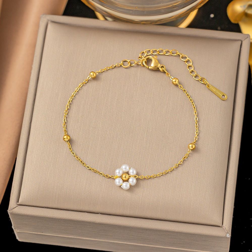 MYKI Gold Plated Single Pearl Flower Bracelet | Anti Tarnish Finish(MKBRAD711G-SSYI)