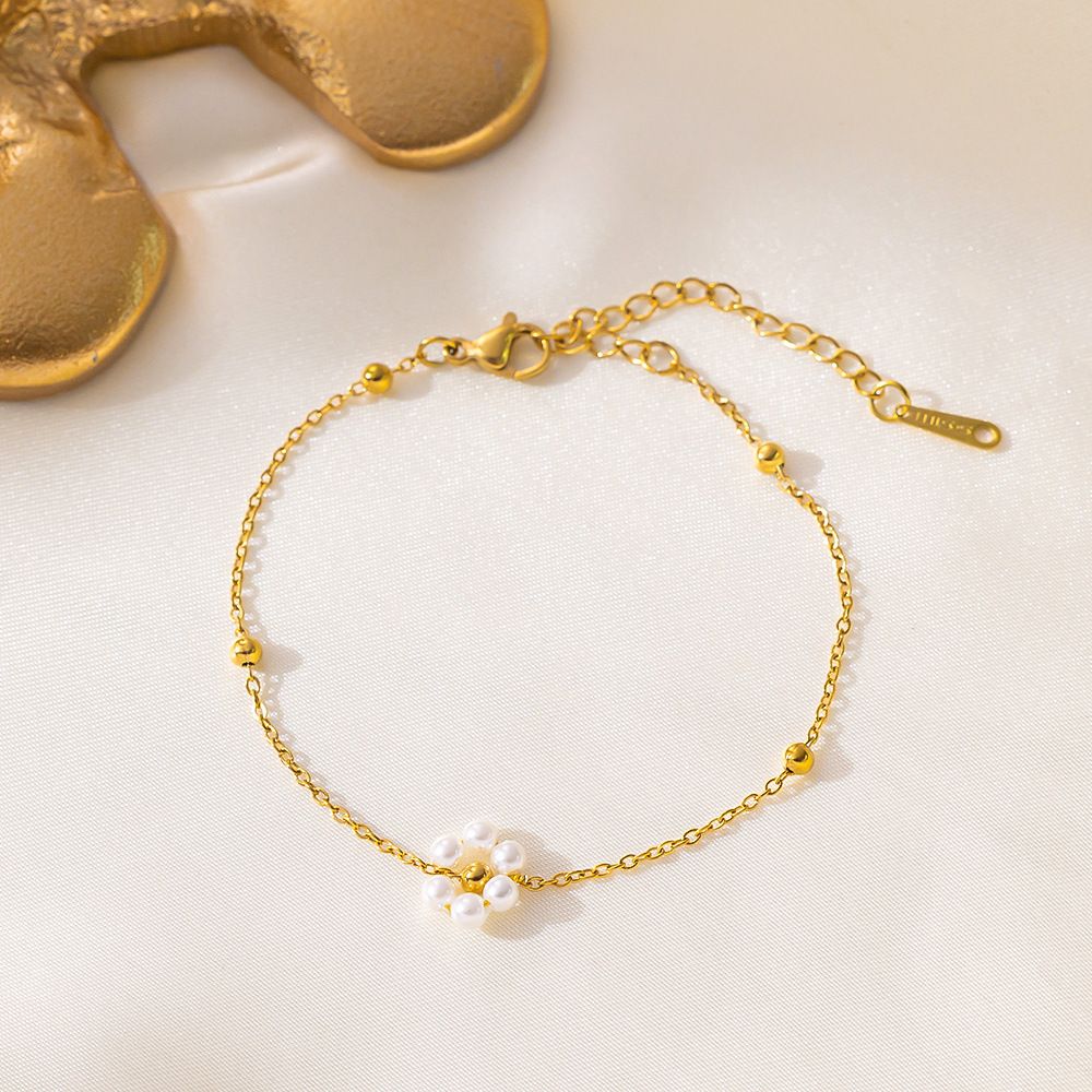 MYKI Gold Plated Single Pearl Flower Bracelet | Anti Tarnish Finish(MKBRAD711G-SSYI)