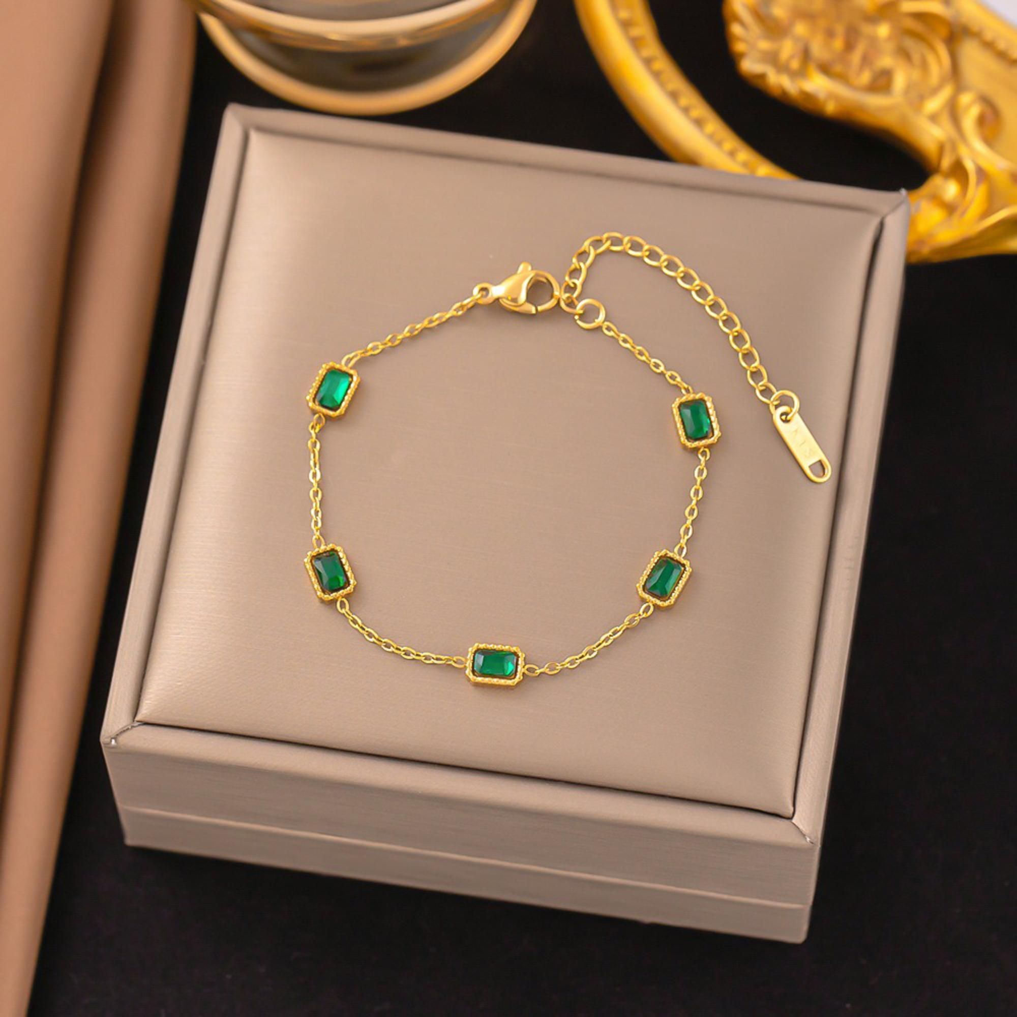 MYKI Gold-Plated Emerald Charm Bracelet | Anti-Tarnish(MKBRAD730G-SSYI)