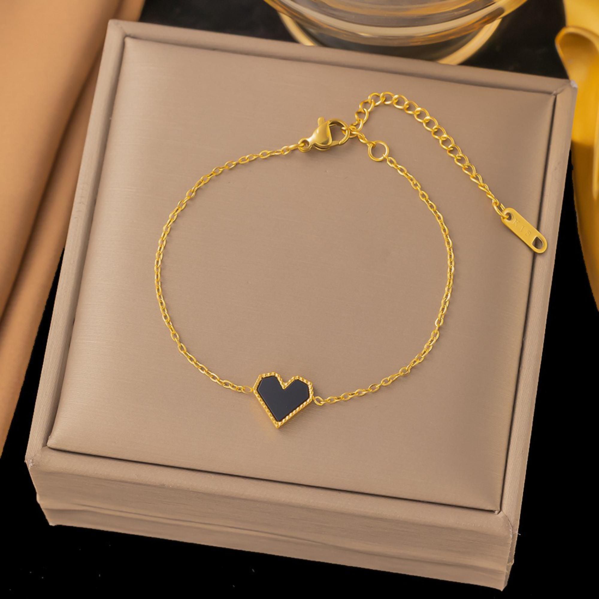 MYKI Gold-Plated Black Heart Charm Bracelet | Anti-Tarnish(MKBRAD733G-SSYI)
