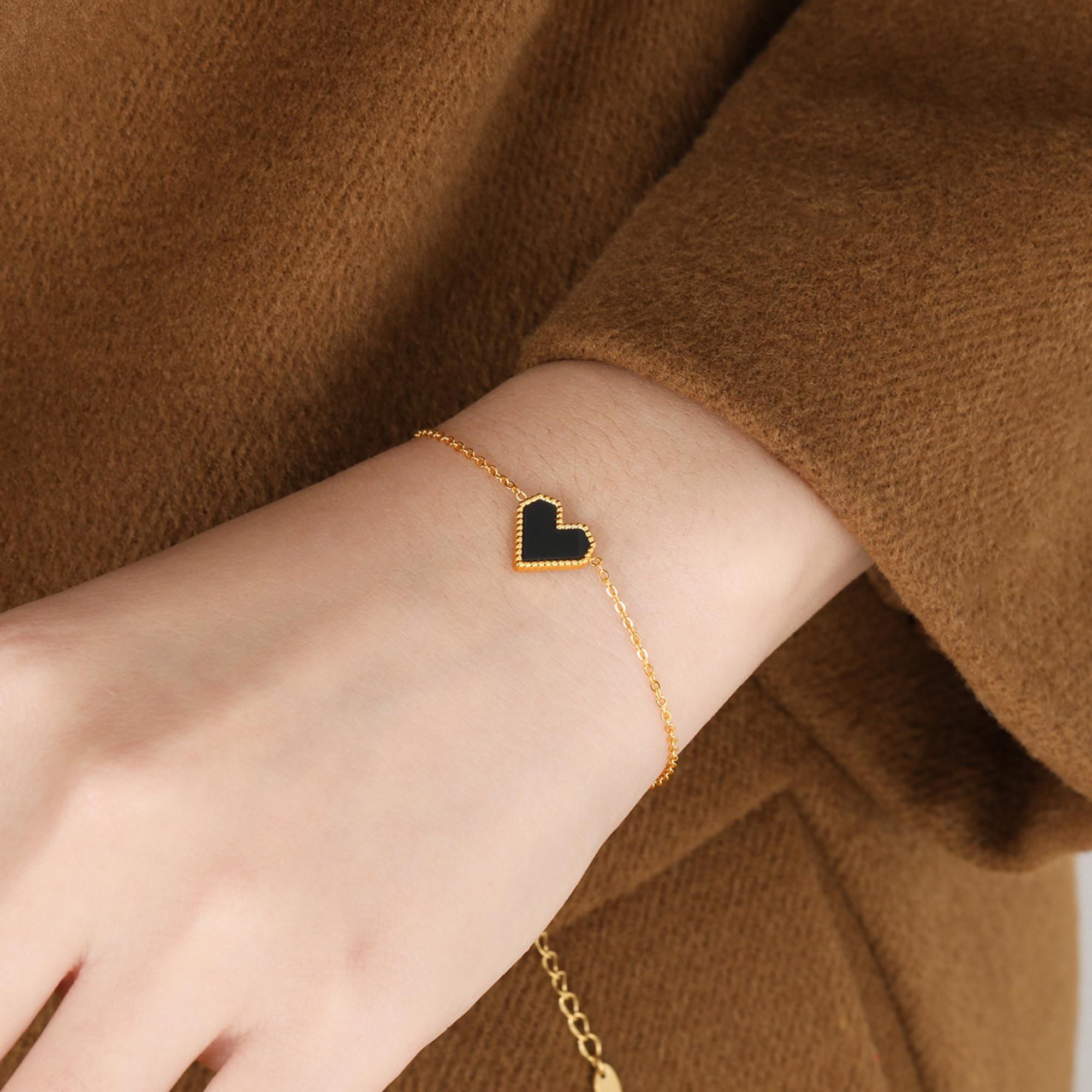 MYKI Gold-Plated Black Heart Charm Bracelet | Anti-Tarnish(MKBRAD733G-SSYI)