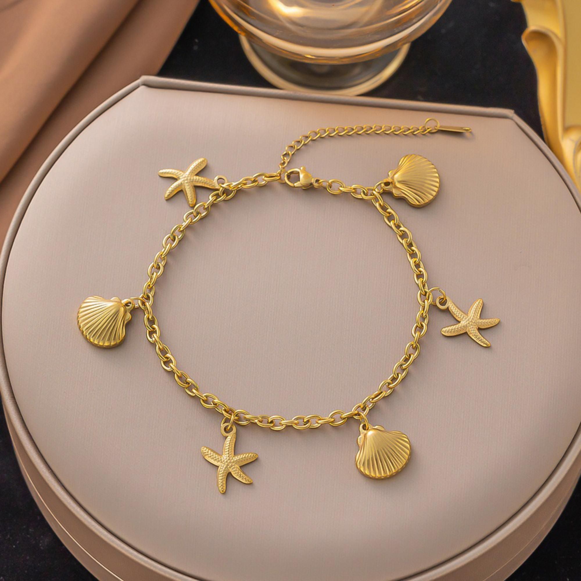 MYKI Gold-Plated Seashell & Starfish Charm Bracelet(MKBRAD749G-SSYI)