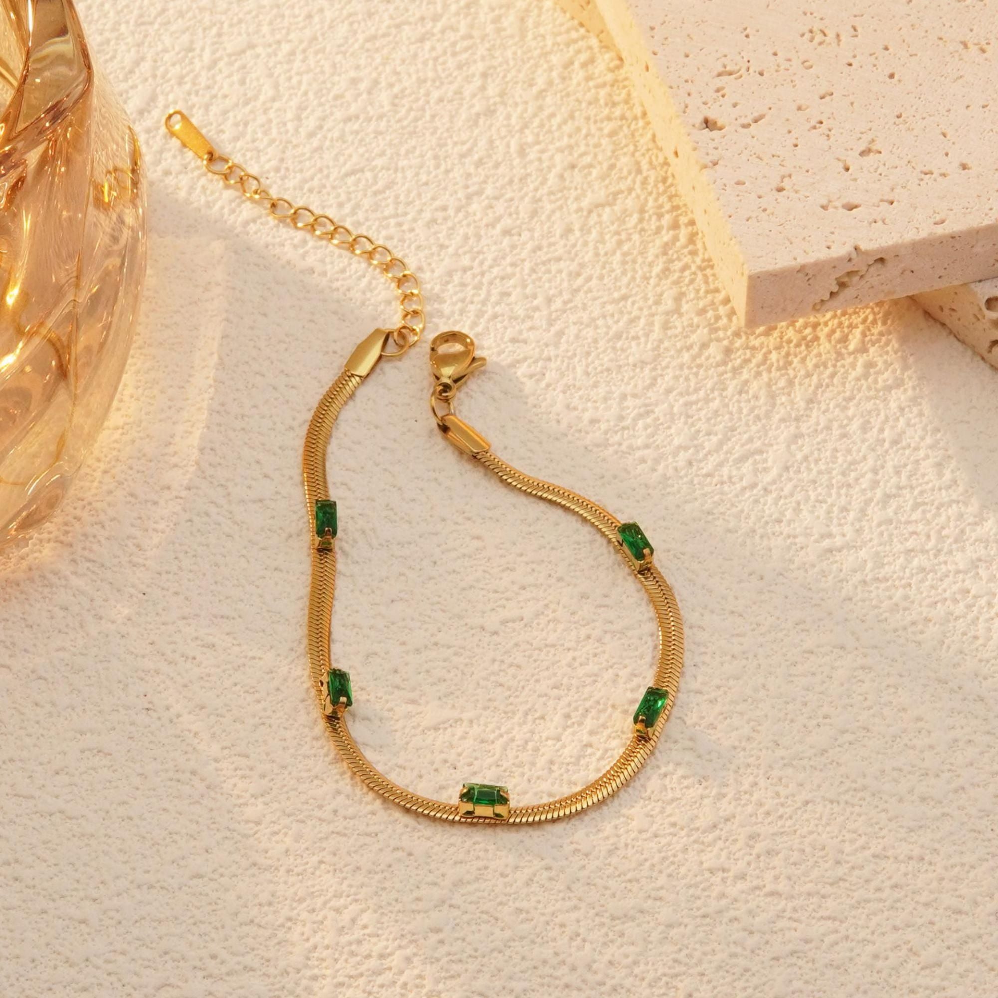 MYKI Gold-Plated Green Stone Herringbone Bracelet(MKBRAD750G-SSYI)