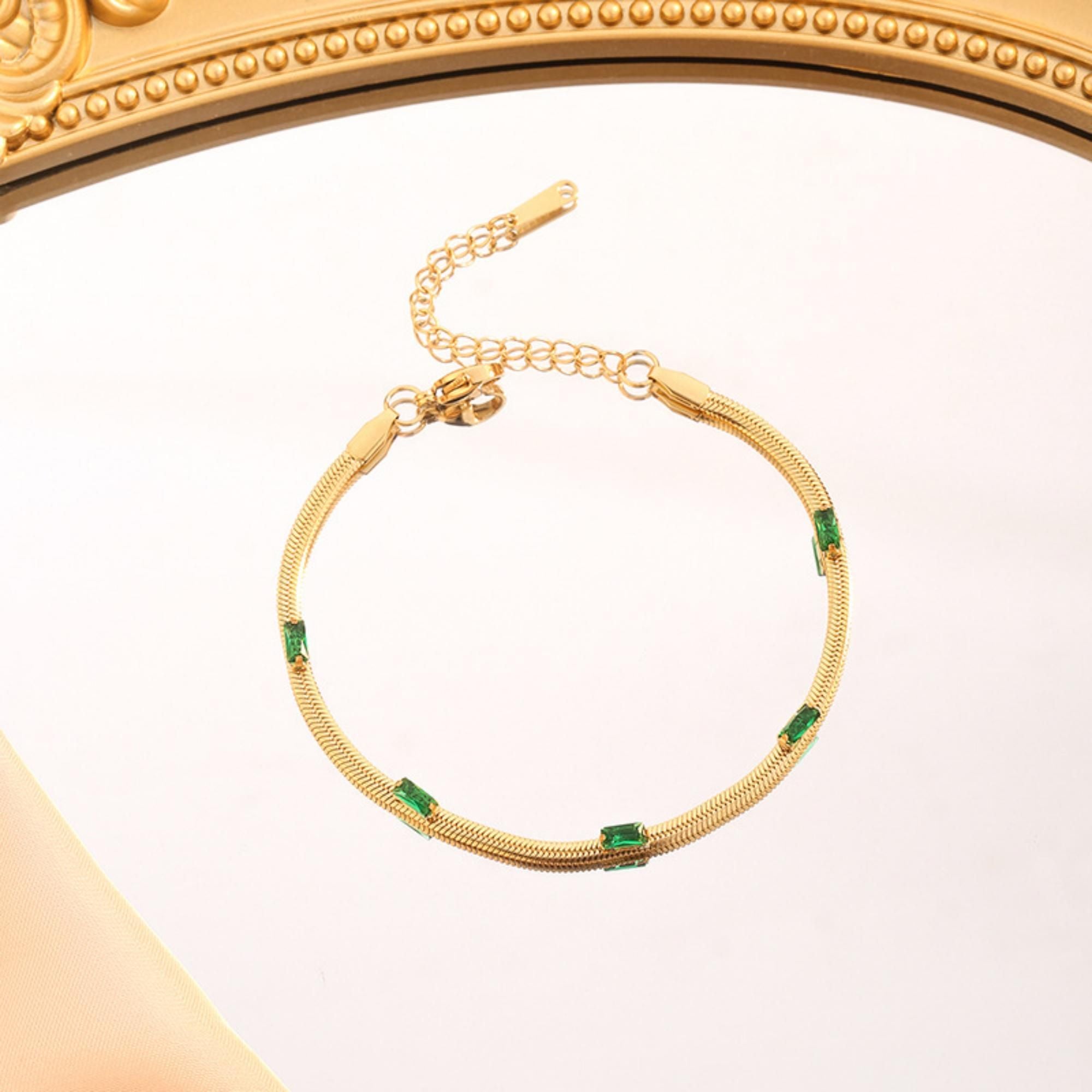 MYKI Gold-Plated Green Stone Herringbone Bracelet(MKBRAD750G-SSYI)