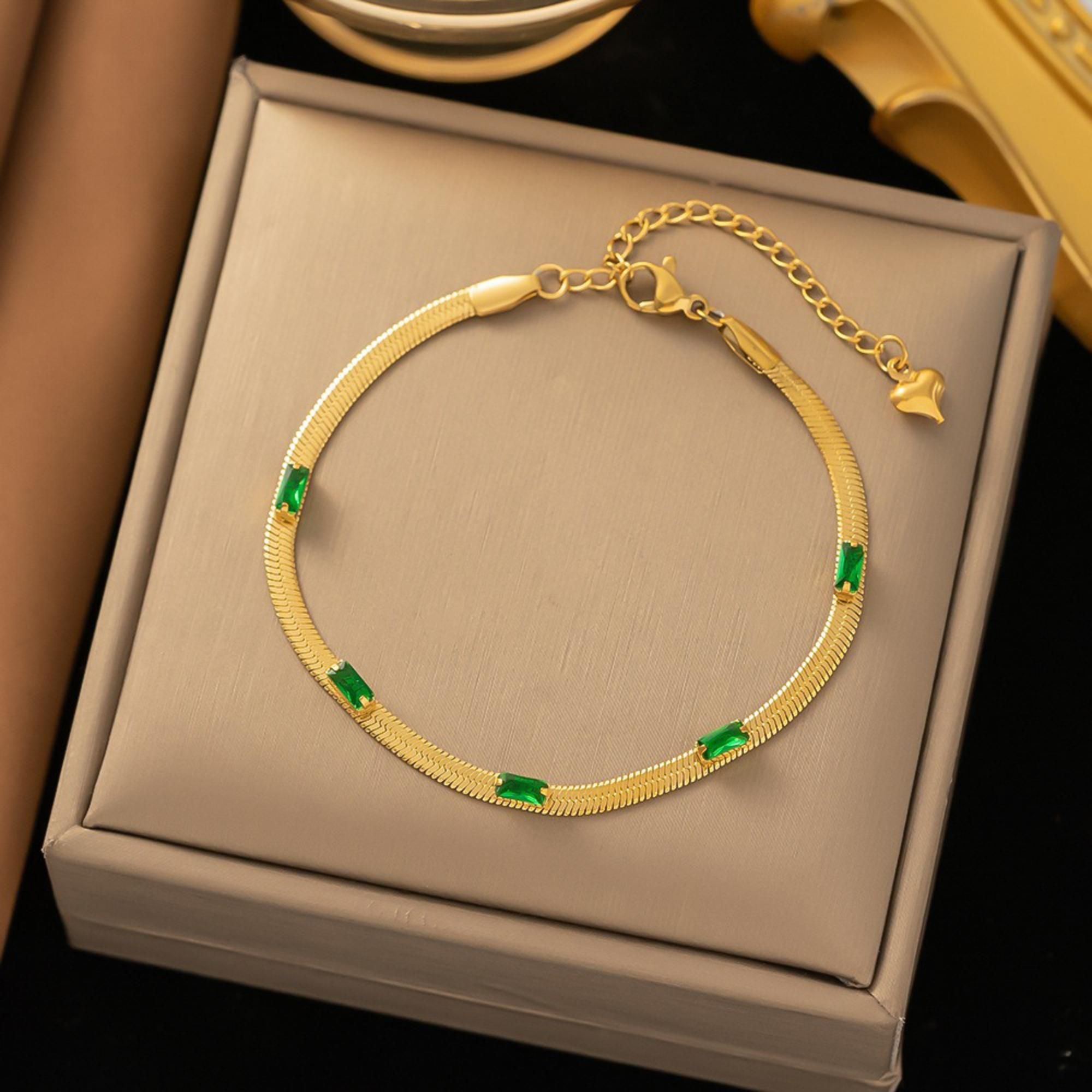 MYKI Gold-Plated Green Stone Herringbone Bracelet(MKBRAD750G-SSYI)