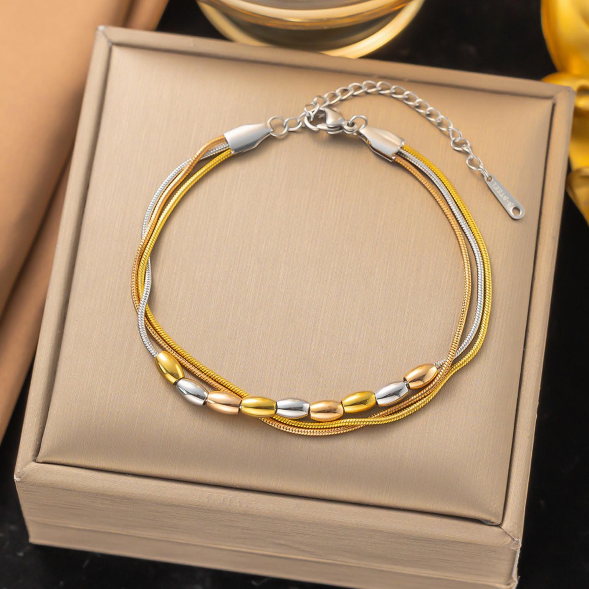MYKI Tri-Color Multi-Layer Bead Bracelet | Stainless Steel(MKBRAD774G-SSYI)