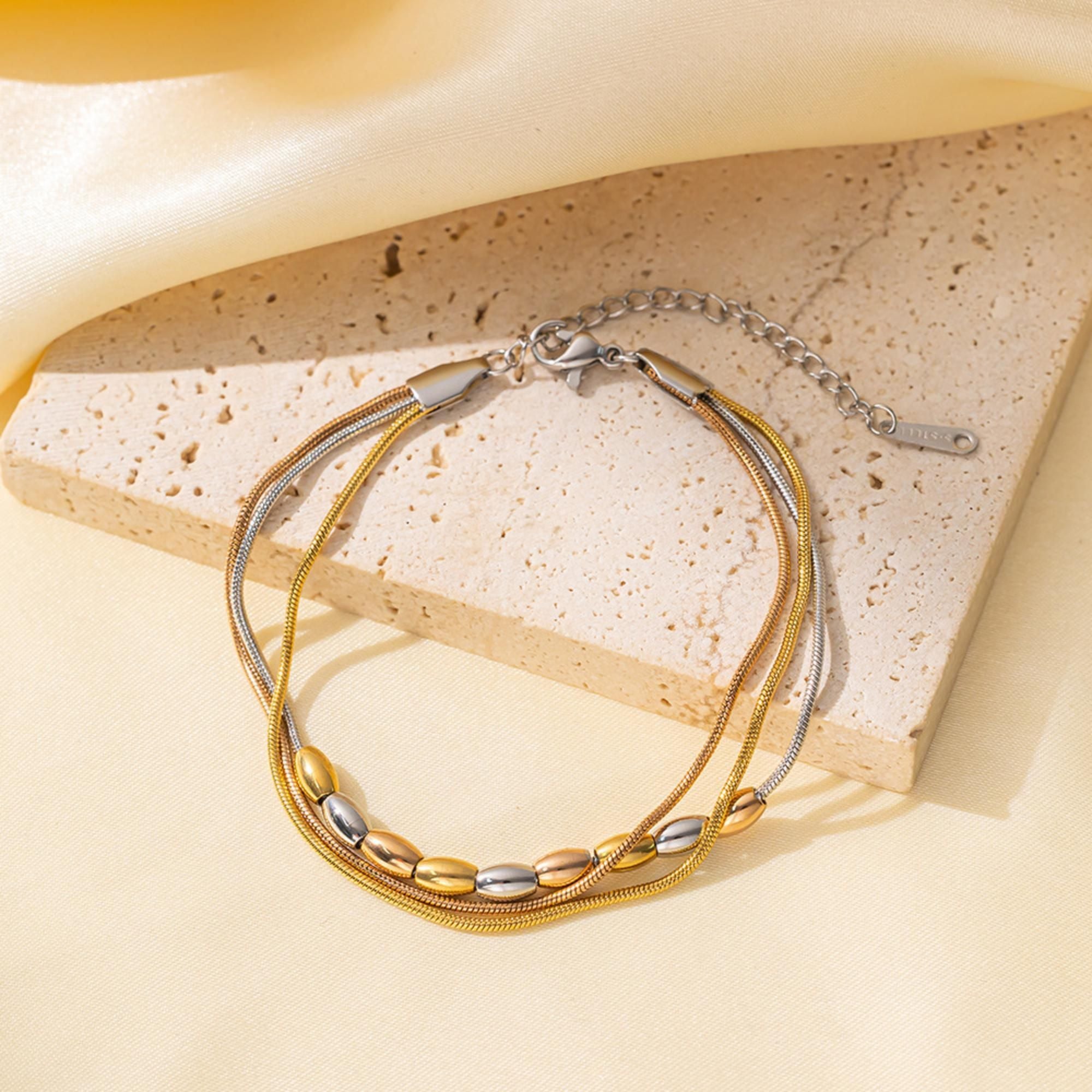 MYKI Tri-Color Multi-Layer Bead Bracelet | Stainless Steel(MKBRAD774G-SSYI)