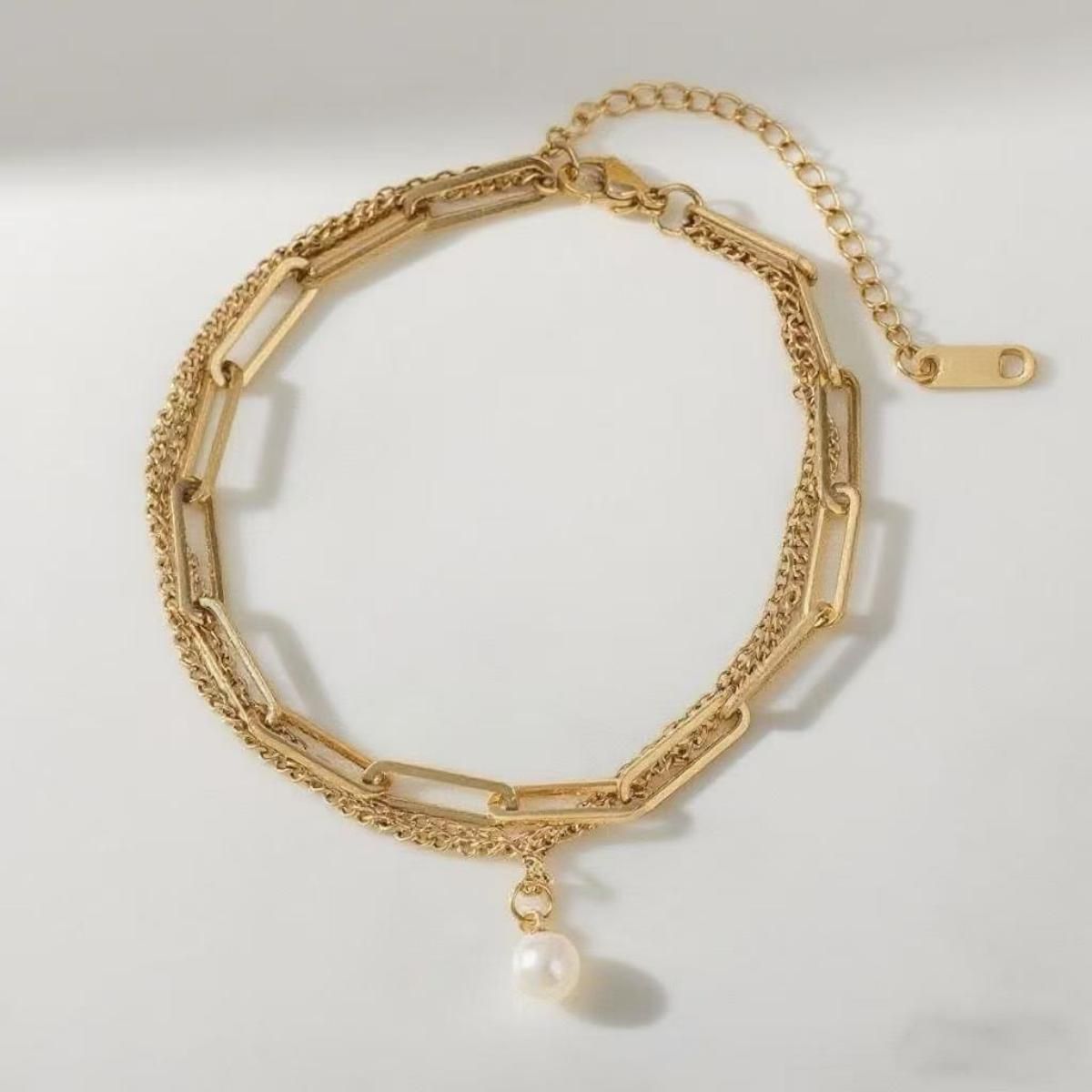 MYKI Gold-Plated Multi-Layer Chain Bracelet with Pearl Charm(MKBRAD790G-SSYI)
