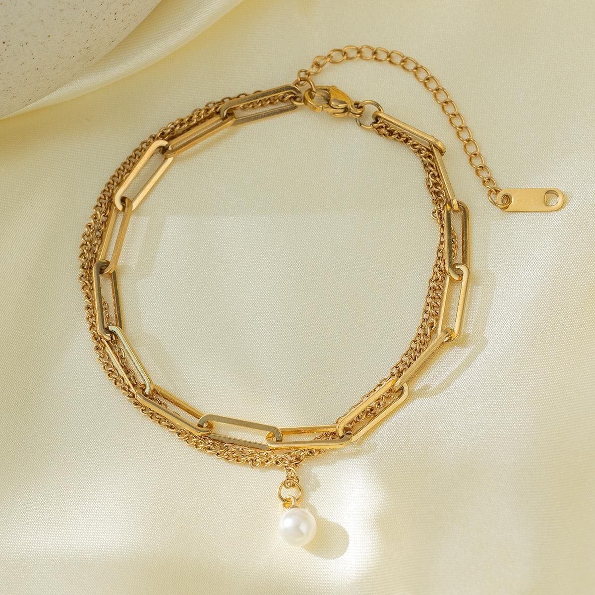 MYKI Gold-Plated Multi-Layer Chain Bracelet with Pearl Charm(MKBRAD790G-SSYI)