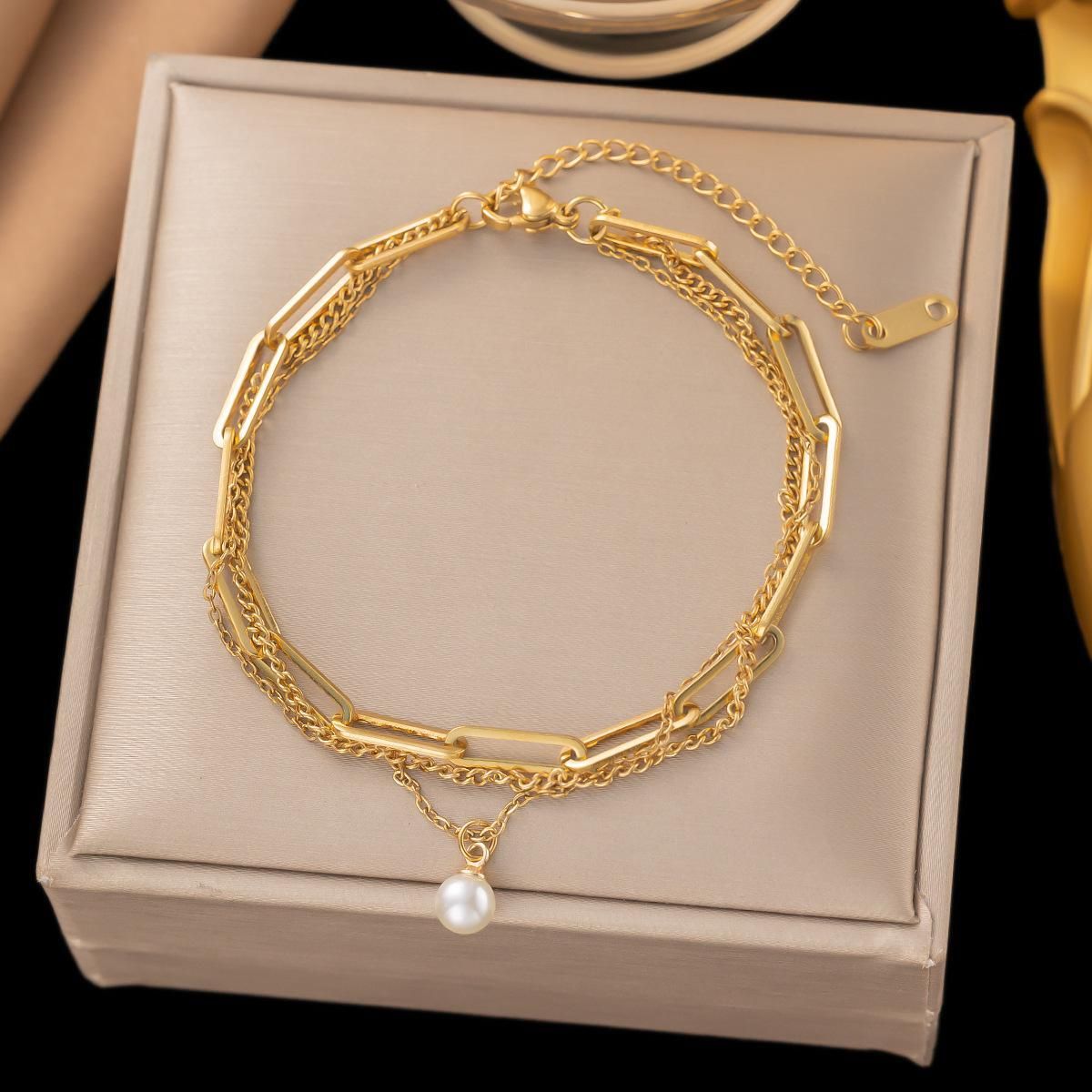 MYKI Gold-Plated Multi-Layer Chain Bracelet with Pearl Charm(MKBRAD790G-SSYI)