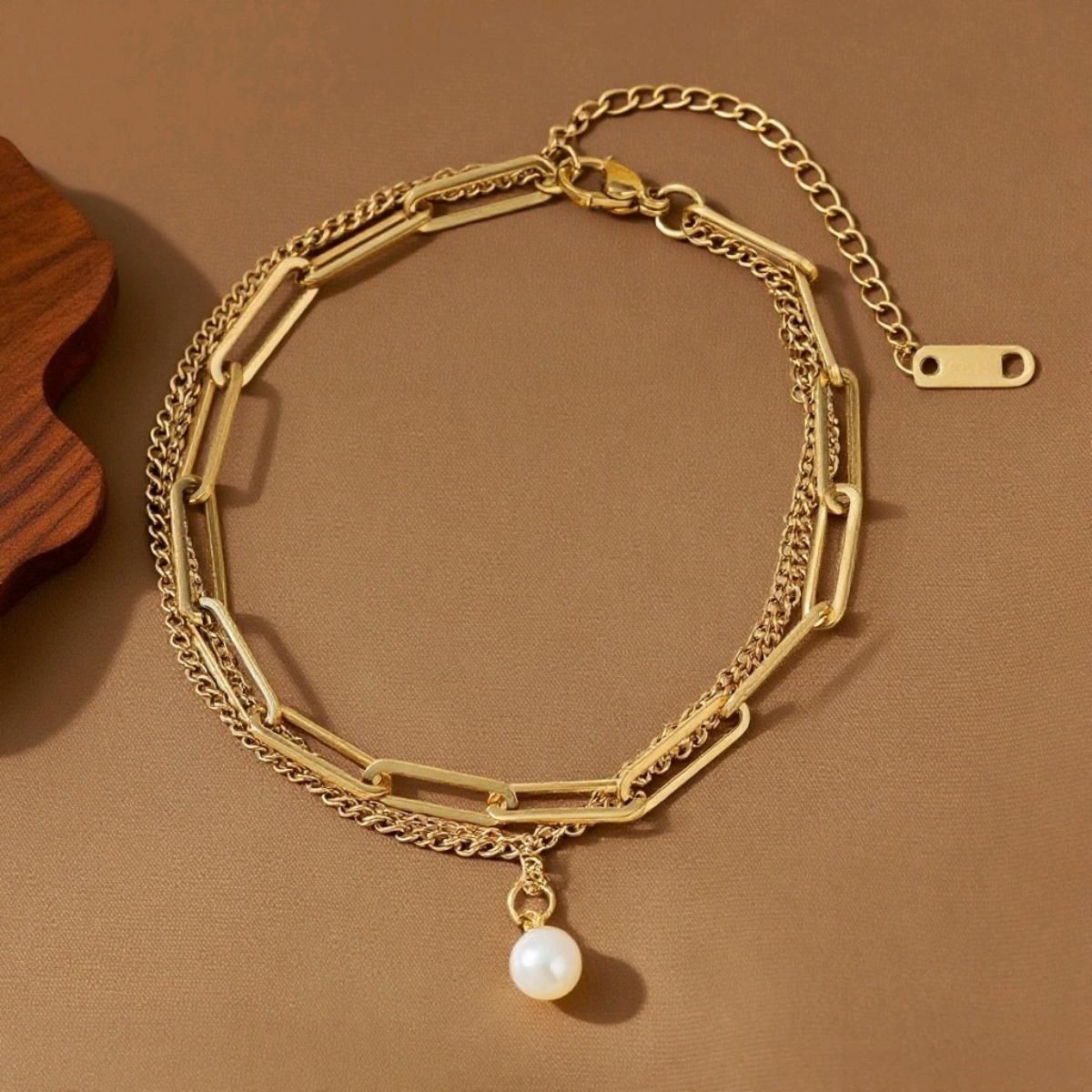 MYKI Gold-Plated Multi-Layer Chain Bracelet with Pearl Charm(MKBRAD790G-SSYI)