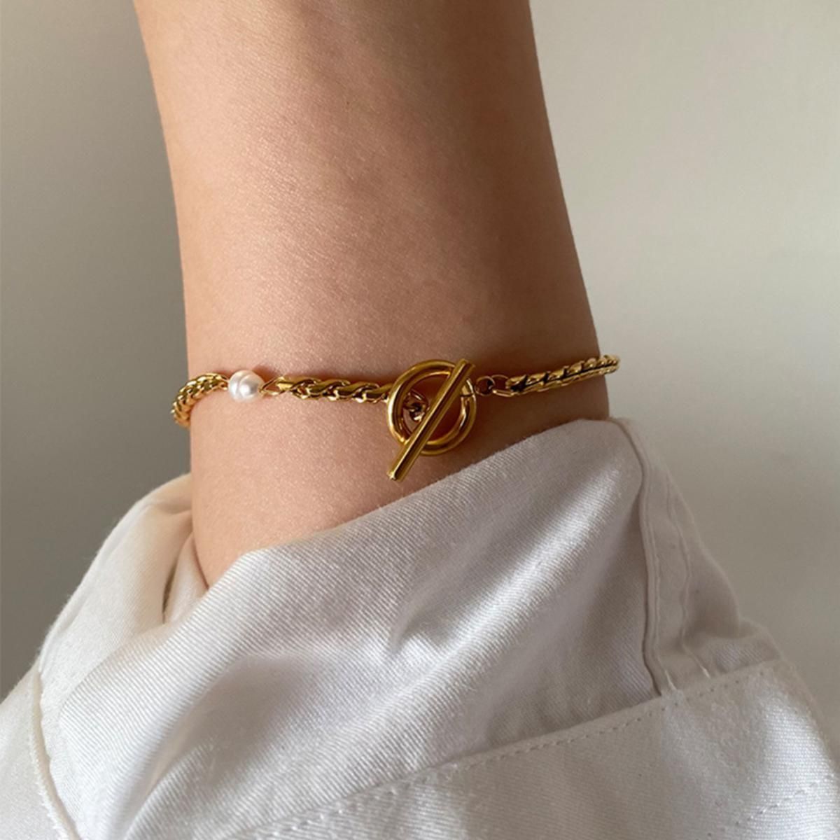 MYKI Gold Plated Pearl & Chain Toggle Bracelet | Anti-Tarnish(MKBRAD801G-SSYI)