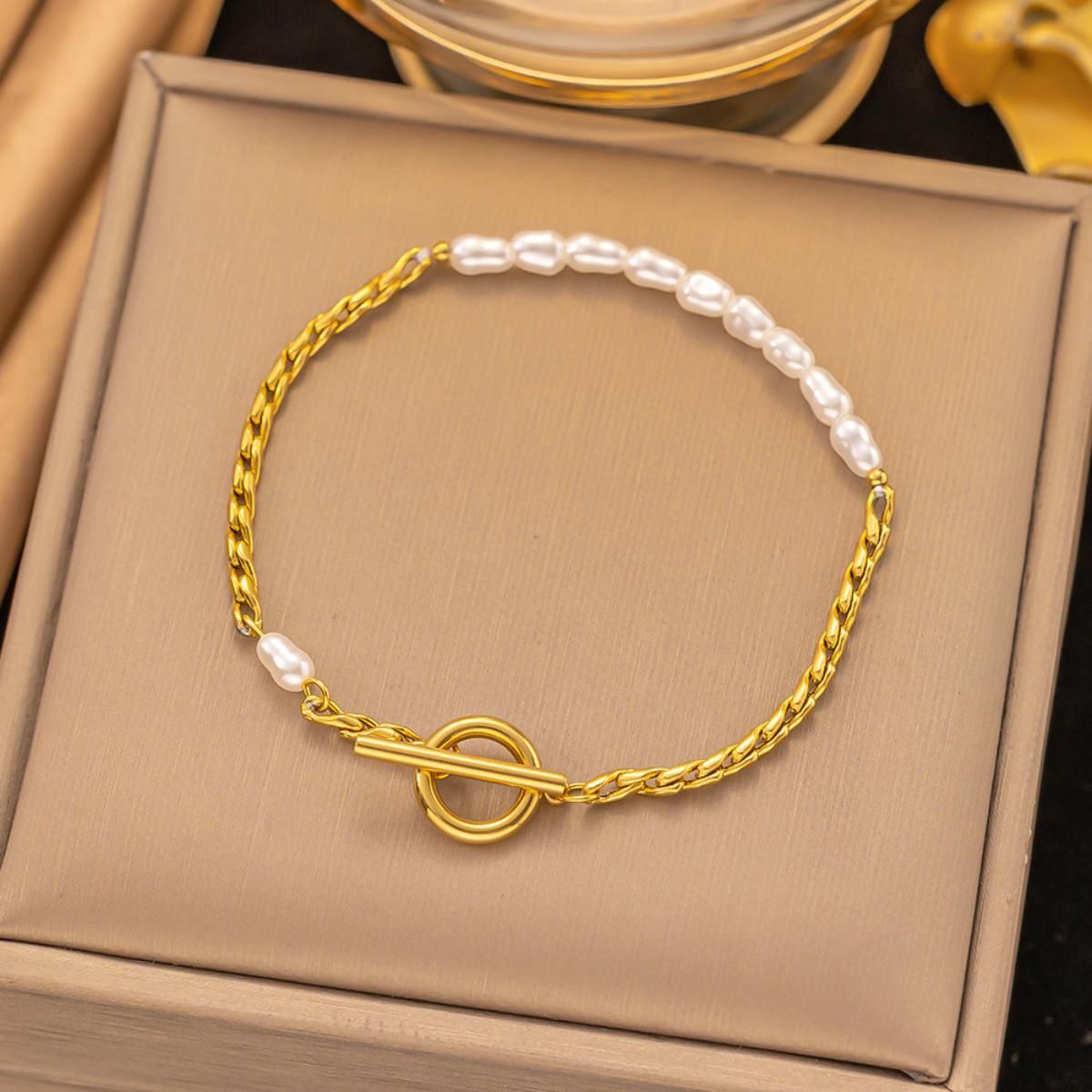 MYKI Gold Plated Pearl & Chain Toggle Bracelet | Anti-Tarnish(MKBRAD801G-SSYI)