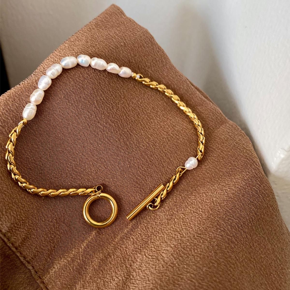MYKI Gold Plated Pearl & Chain Toggle Bracelet | Anti-Tarnish(MKBRAD801G-SSYI)