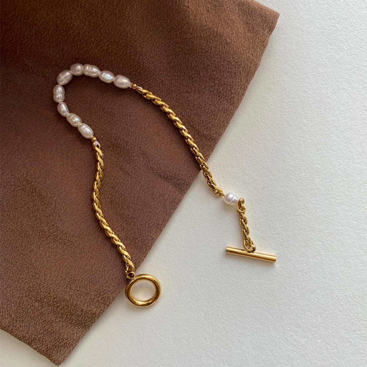 MYKI Gold Plated Pearl & Chain Toggle Bracelet | Anti-Tarnish(MKBRAD801G-SSYI)