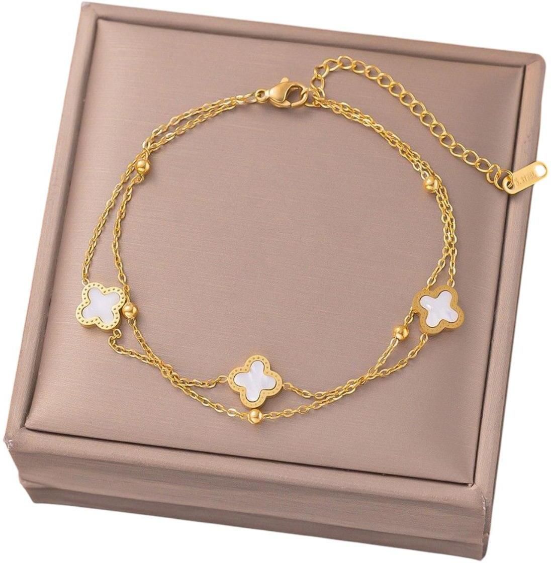 MYKI Gold Plated Clover Enamel Bracelet | White Motif | Anti-Tarnish(MKBRAD820G-SSYI)