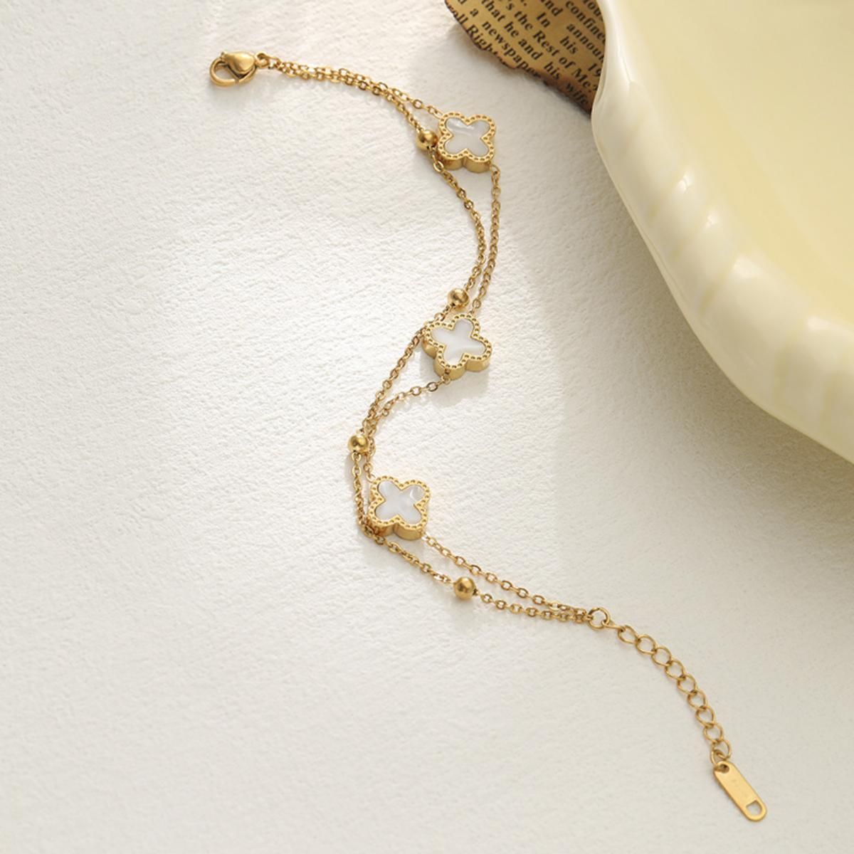 MYKI Gold Plated Clover Enamel Bracelet | White Motif | Anti-Tarnish(MKBRAD820G-SSYI)