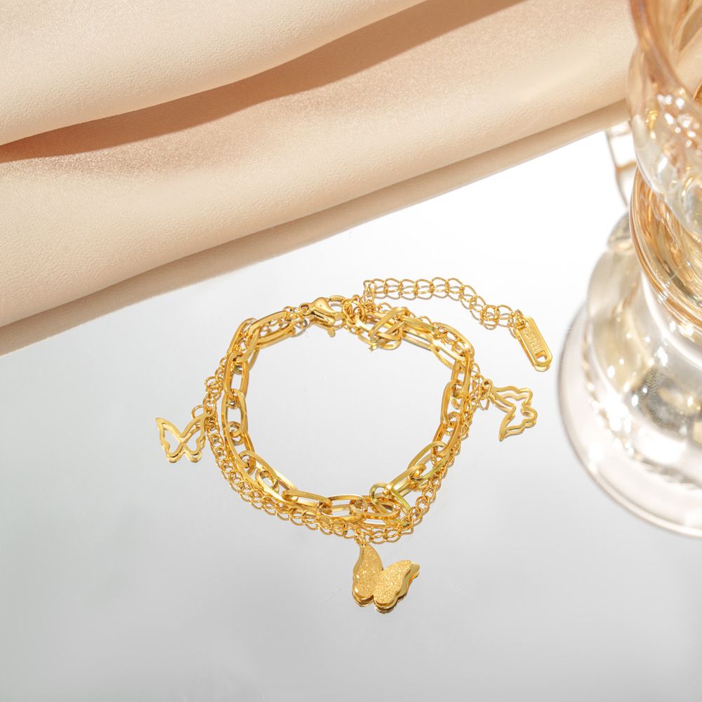 MYKI Gold-Plated Butterfly Charm Double-Layer Bracelet(MKBRAD833G-SSYI)