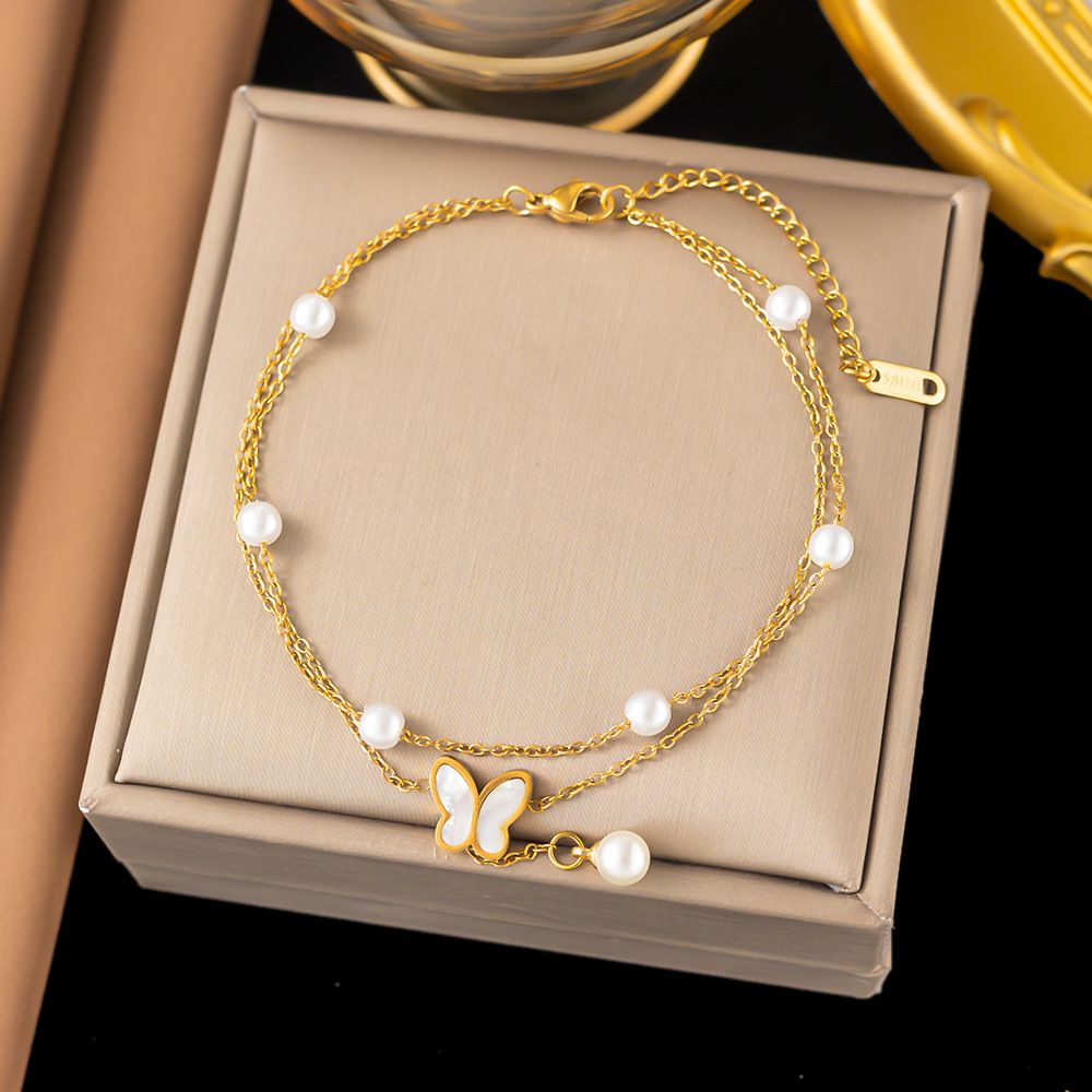 MYKI Gold-Plated Pearl & Butterfly Charm Bracelet(MKBRAD840G-SSYI)